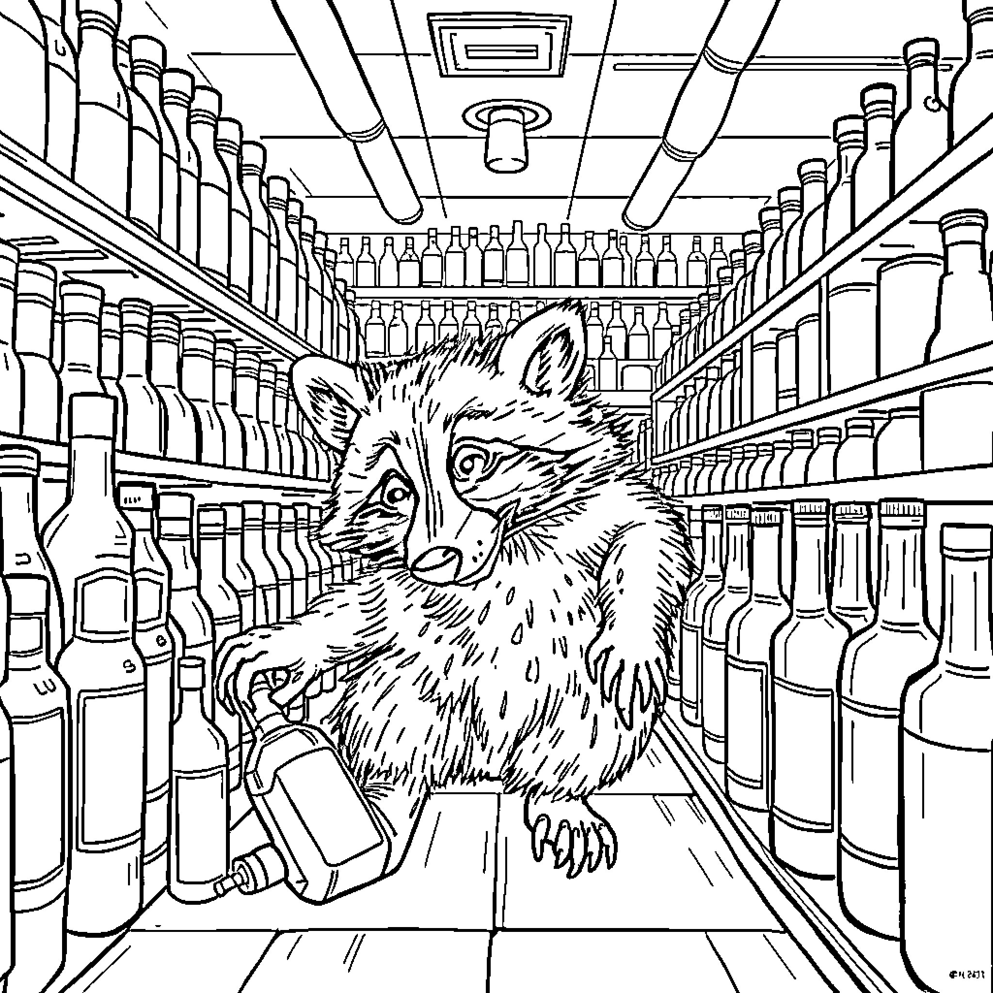 Raccoon exploring a supermarket aisle Coloring Page (free black-and-white line drawing printable PDF for all, from beginners to advanced learners, including children, teens, adults, and seniors)