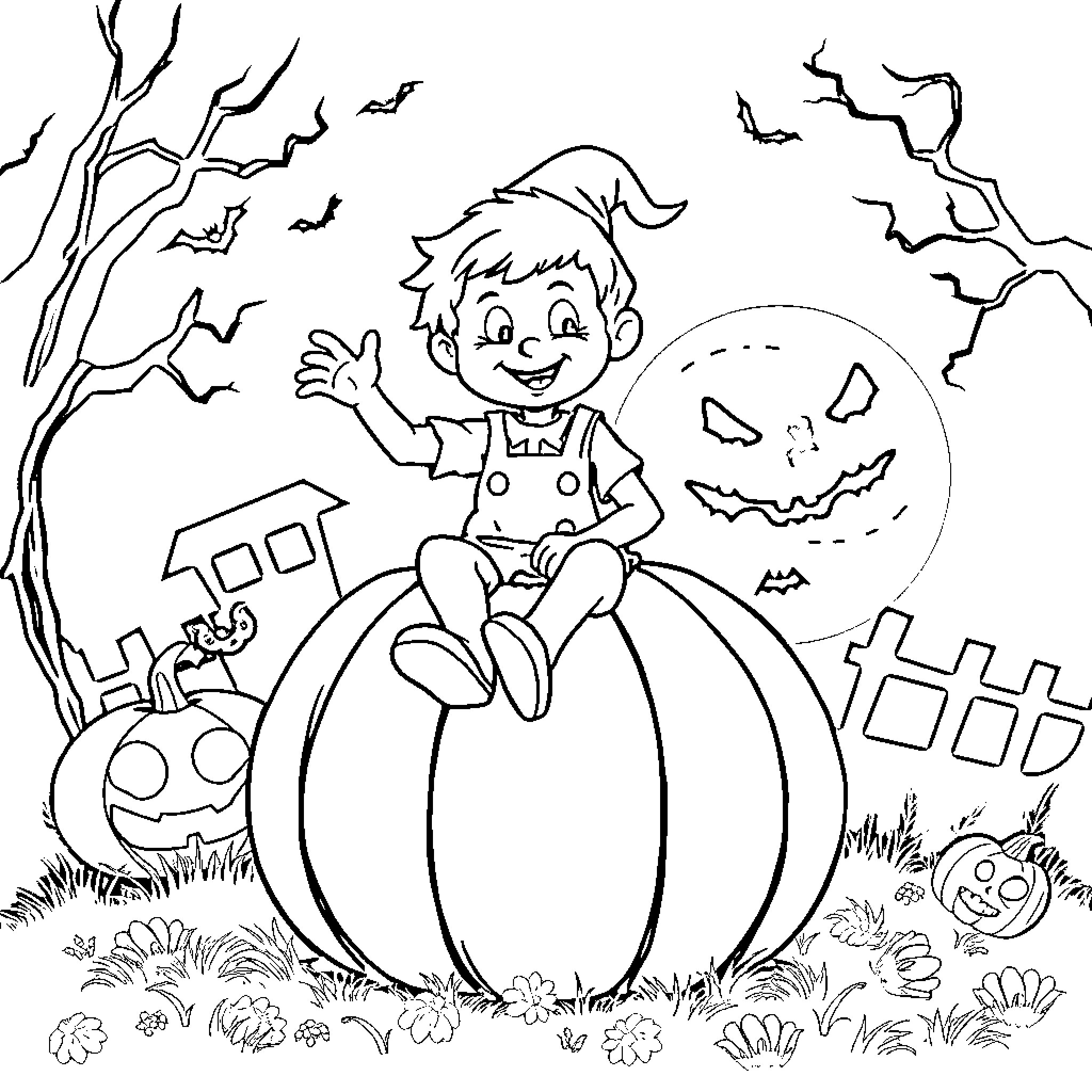 Sam's spooky Halloween adventure Coloring Page (free black-and-white line drawing printable PDF for all, from beginners to advanced learners, including children, teens, adults, and seniors)