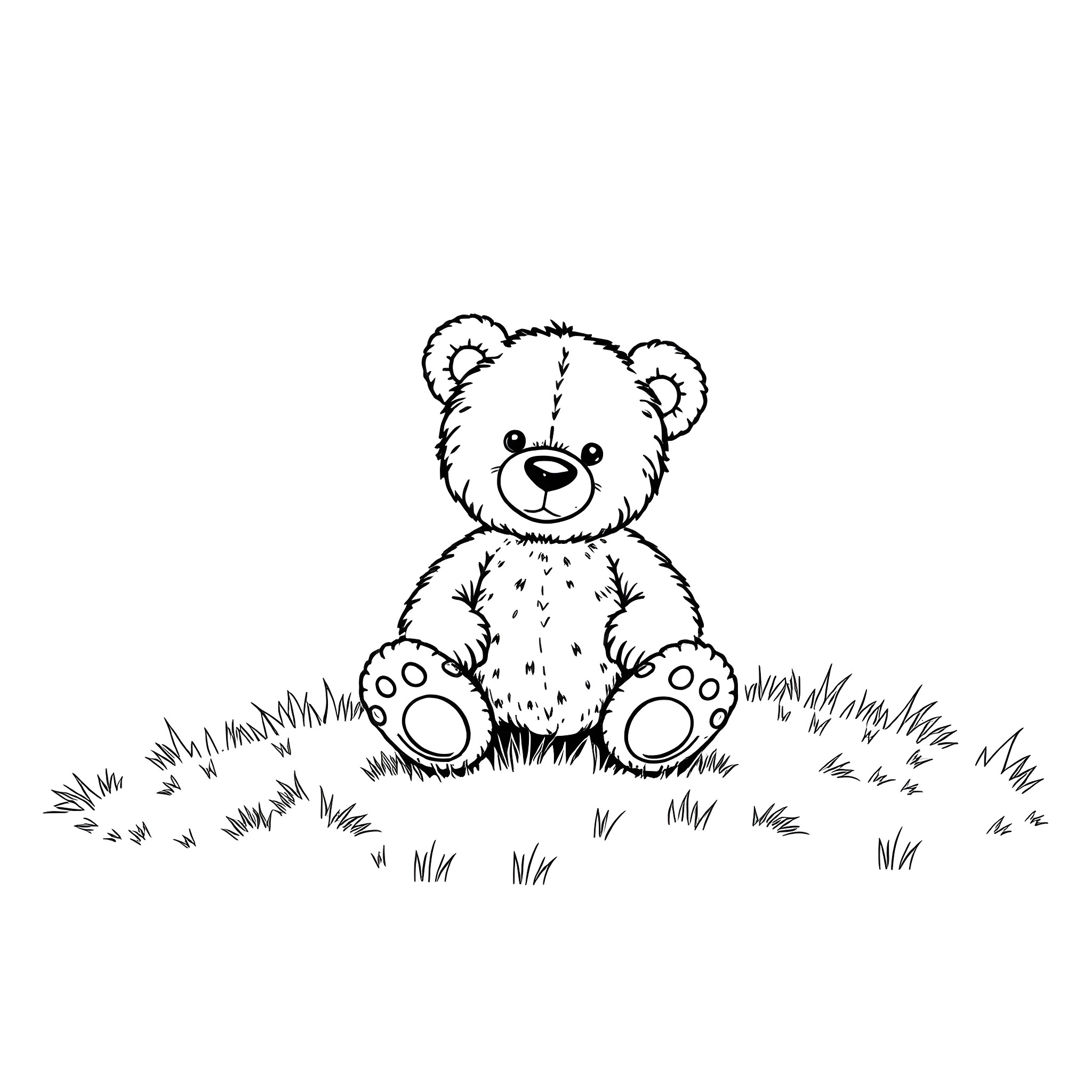 Teddy Bear Sitting in the Grass Coloring Page (free black-and-white line drawing printable PDF for all, from beginners to advanced learners, including children, teens, adults, and seniors)