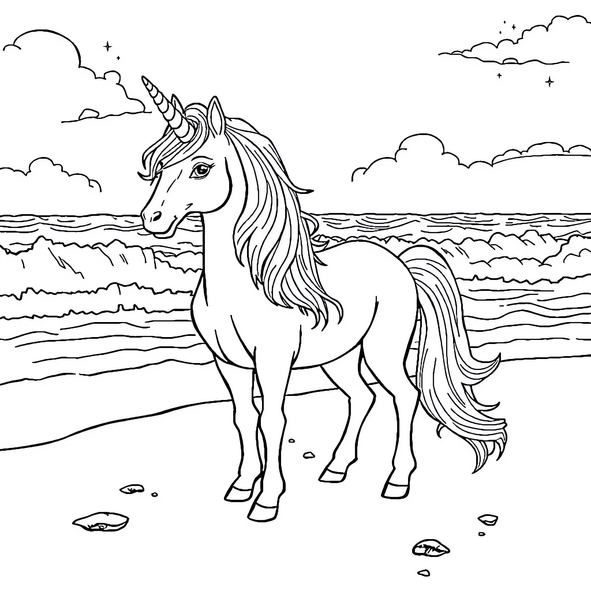 Unicorn standing majestically on the beach Coloring Page (free black-and-white line drawing printable PDF for all, from beginners to advanced learners, including children, teens, adults, and seniors)