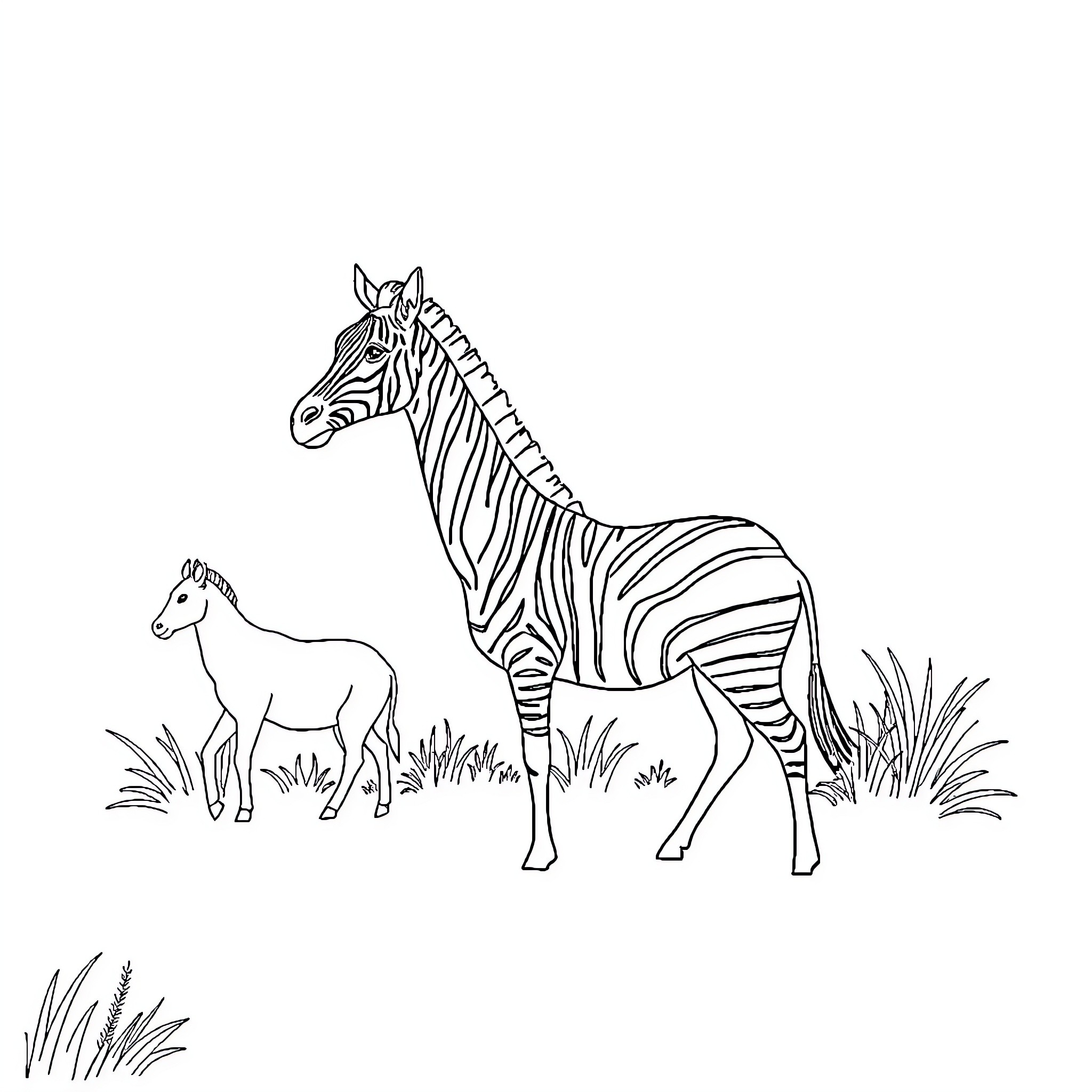 Animal zebras walking in the grass Coloring Page (free black-and-white line drawing printable PDF for all, from beginners to advanced learners, including children, teens, adults, and seniors)