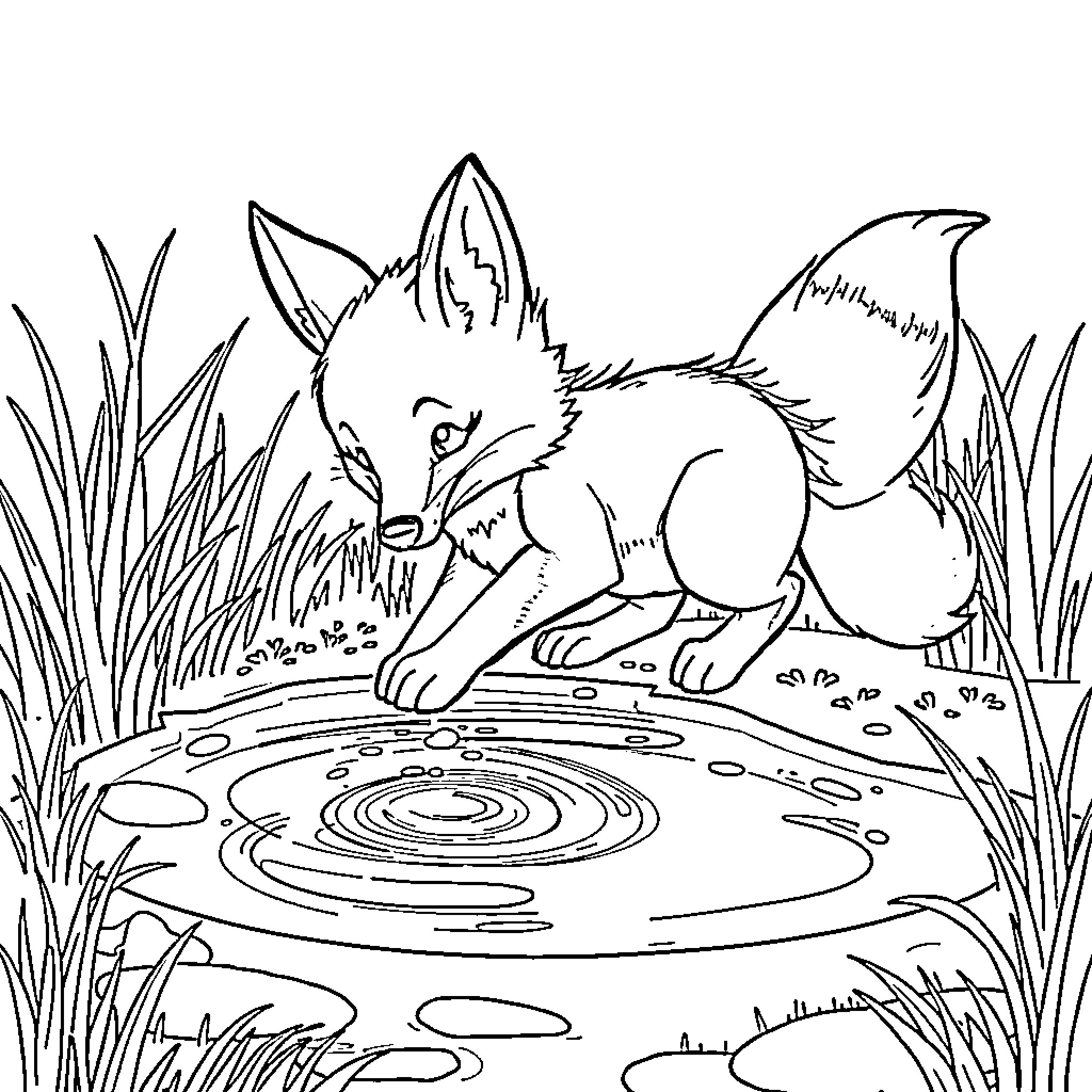 Fox cautiously approaches pond in the meadow Coloring Page (free black-and-white line drawing printable PDF for all, from beginners to advanced learners, including children, teens, adults, and seniors)