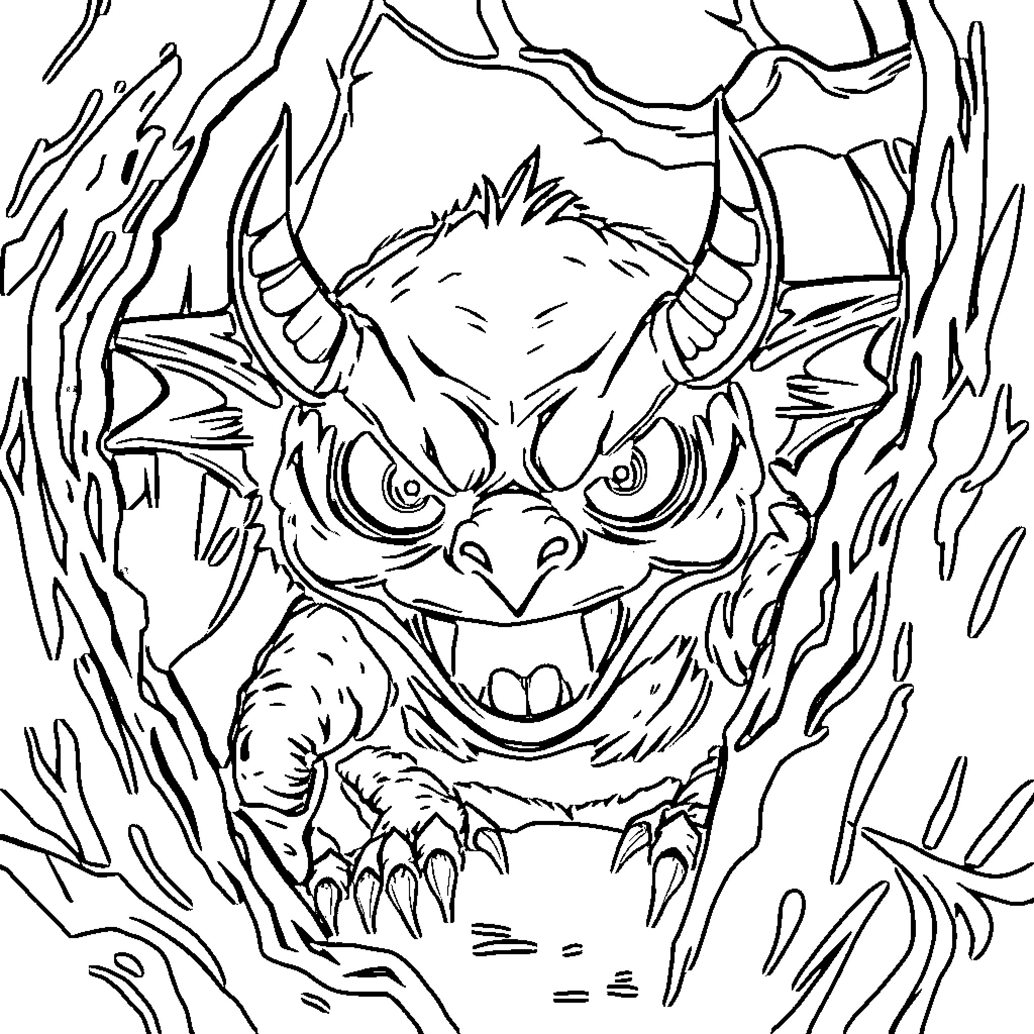 Labubu's Fierce Monster Encounter Coloring Page (free black-and-white line drawing printable PDF for all, from beginners to advanced learners, including children, teens, adults, and seniors)