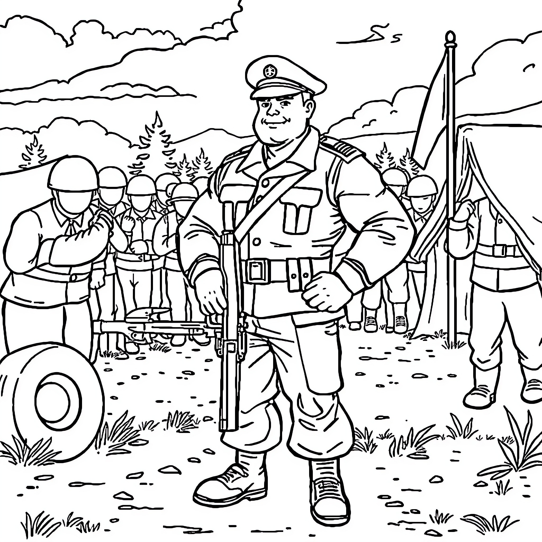 Calimero's Army Troops Assemble for Duty Coloring Page (free black-and-white line drawing printable PDF for all, from beginners to advanced learners, including children, teens, adults, and seniors)