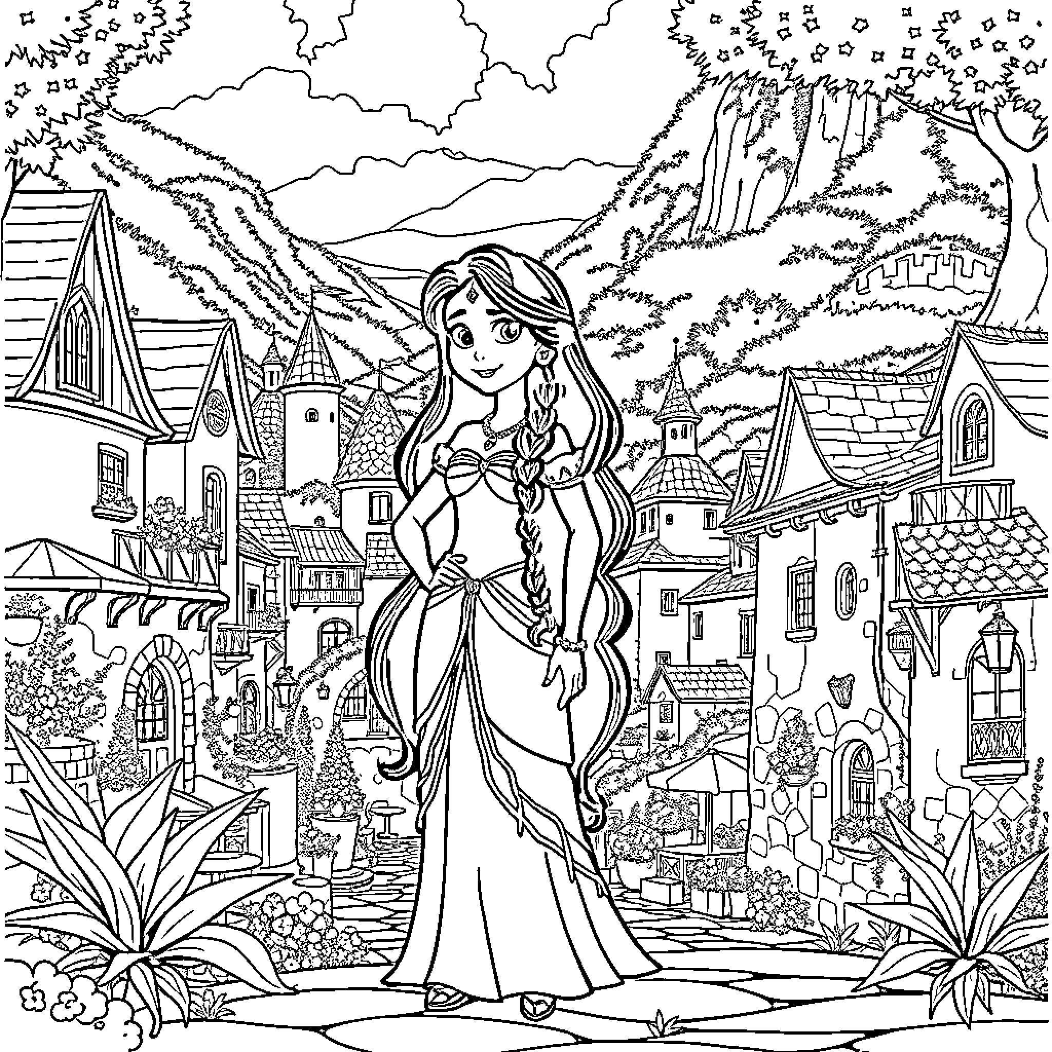Vaiana explores the magical village Coloring Page (free black-and-white line drawing printable PDF for all, from beginners to advanced learners, including children, teens, adults, and seniors)