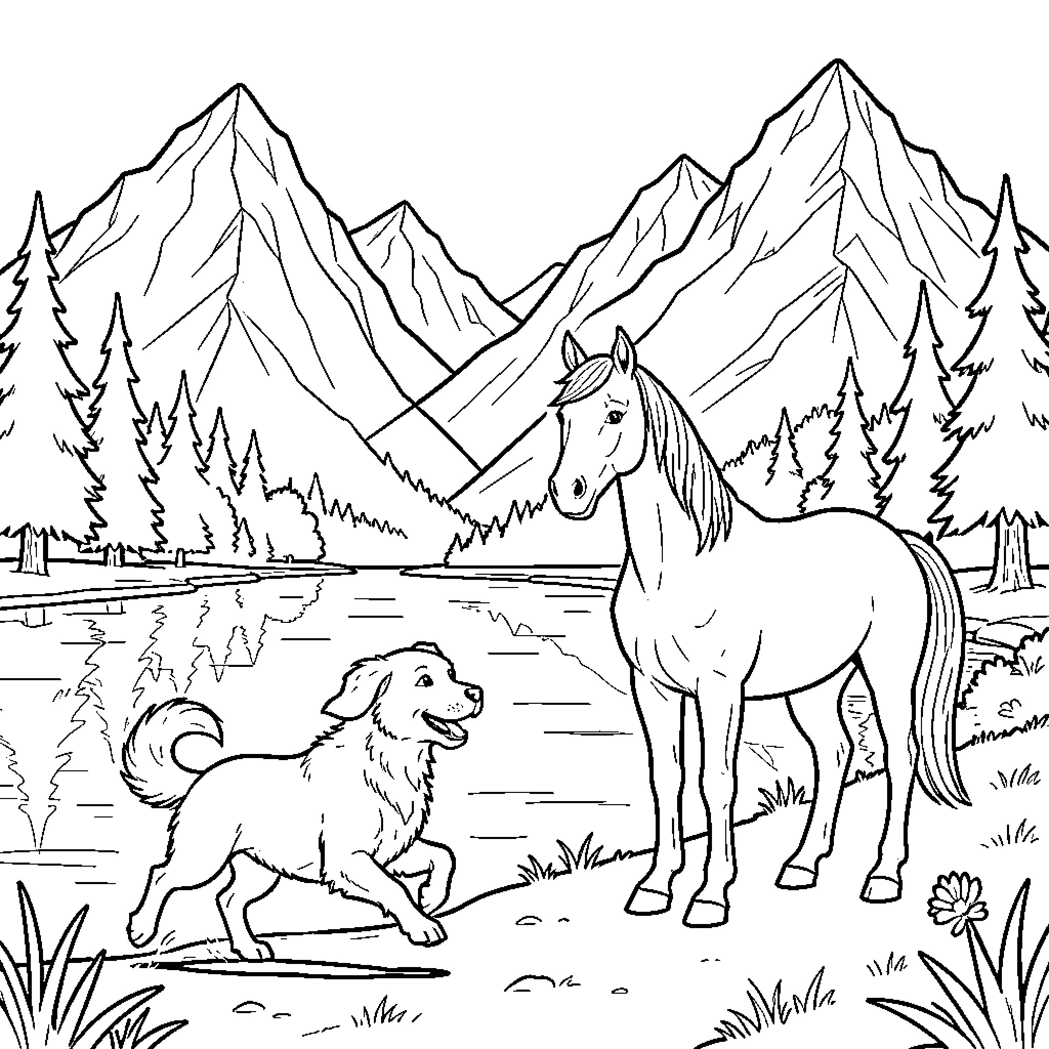 Dog jumping excitedly toward a standing horse Coloring Page (free black-and-white line drawing printable PDF for all, from beginners to advanced learners, including children, teens, adults, and seniors)