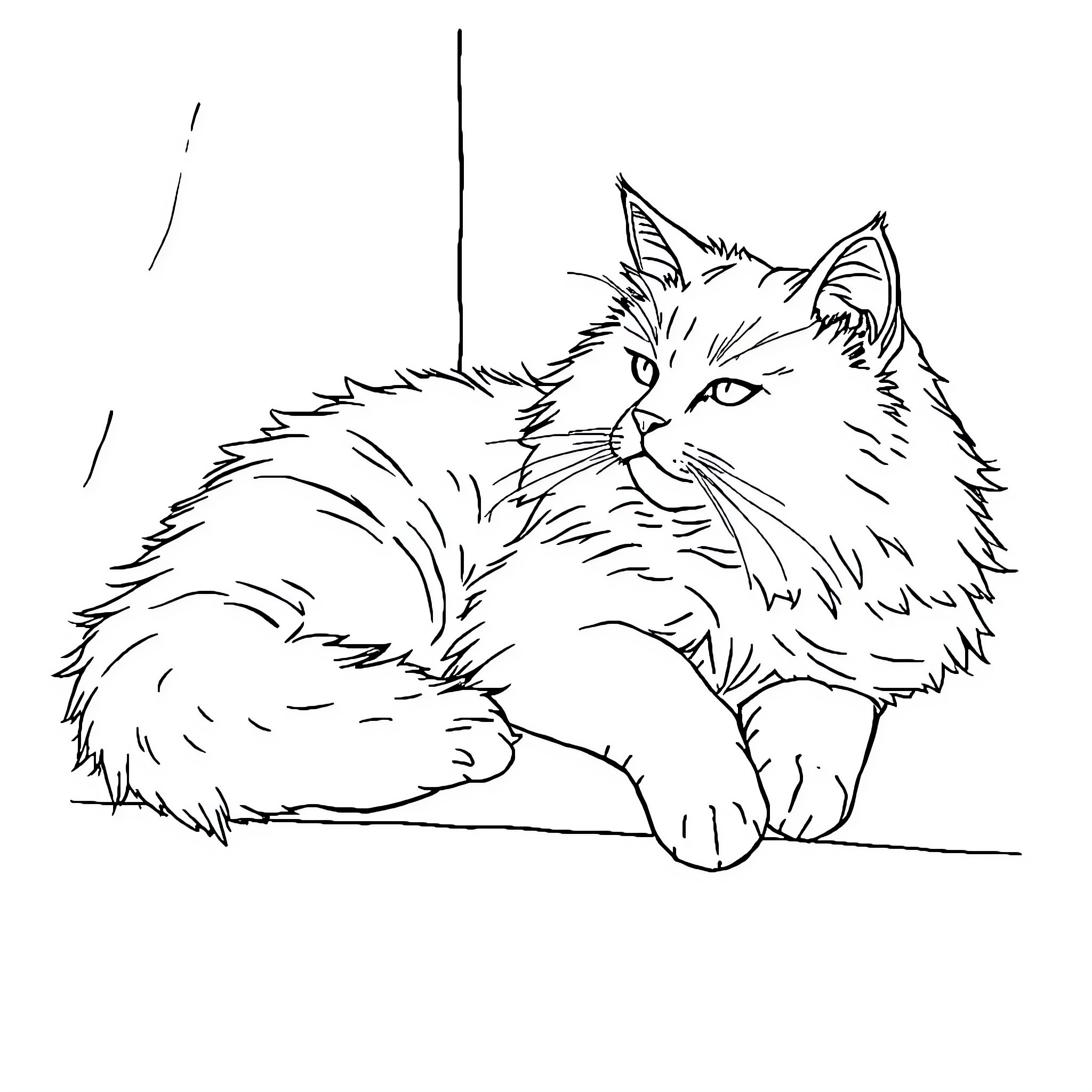 Cat resting peacefully on the floor Coloring Page (free black-and-white line drawing printable PDF for all, from beginners to advanced learners, including children, teens, adults, and seniors)