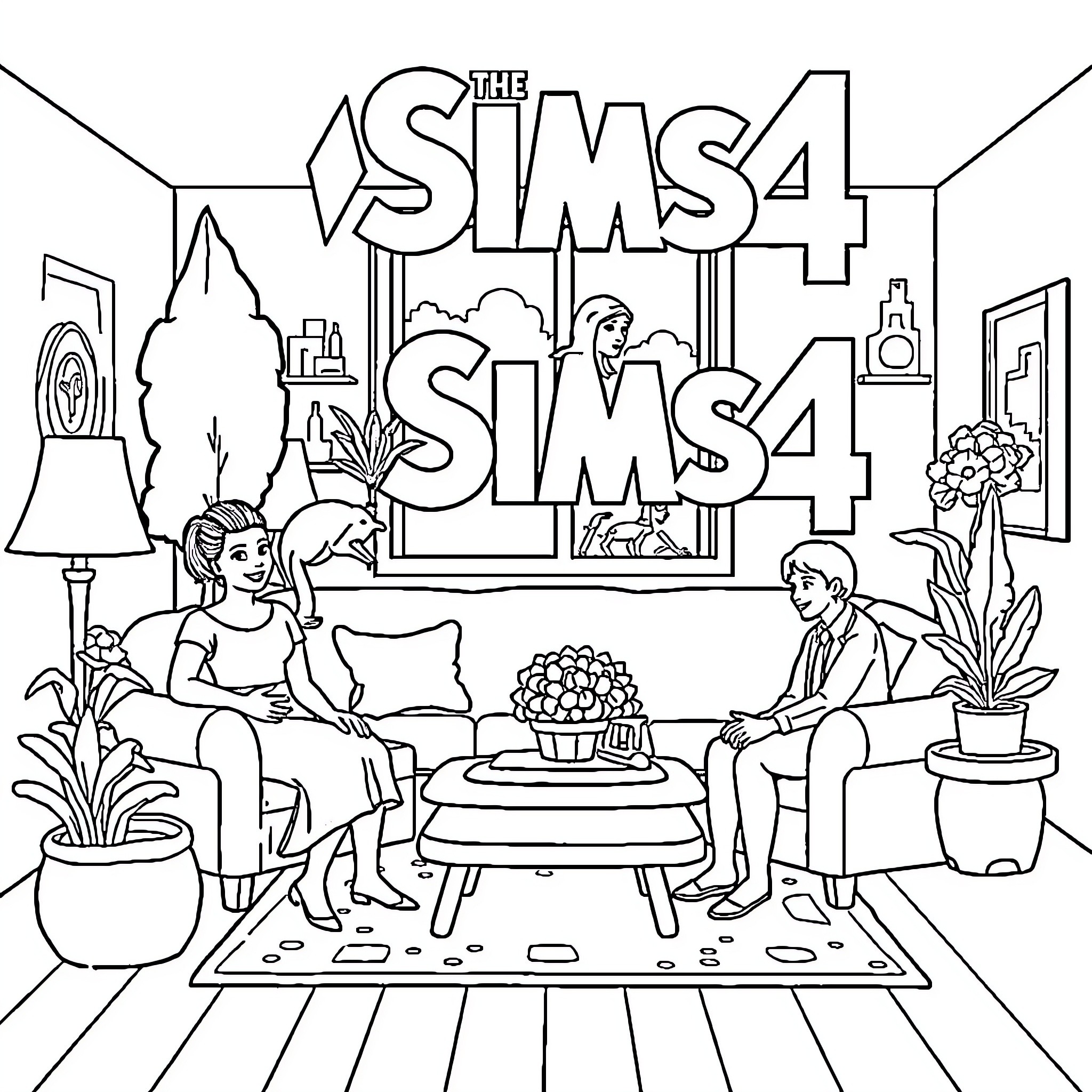 Sims 4 characters relaxing at home Coloring Page (free black-and-white line drawing printable PDF for all, from beginners to advanced learners, including children, teens, adults, and seniors)