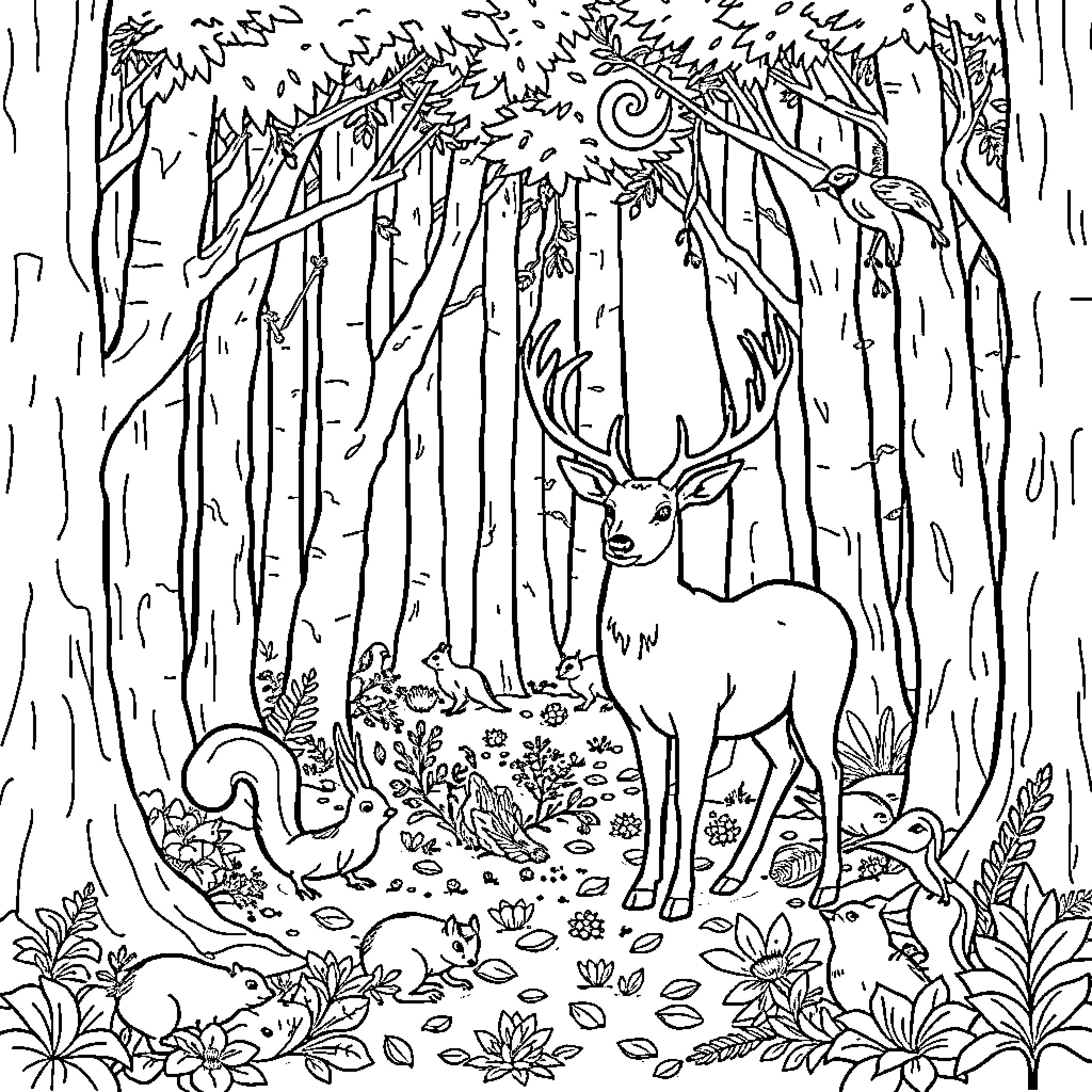 Animal in a serene forest scene Coloring Page (free black-and-white line drawing printable PDF for all, from beginners to advanced learners, including children, teens, adults, and seniors)