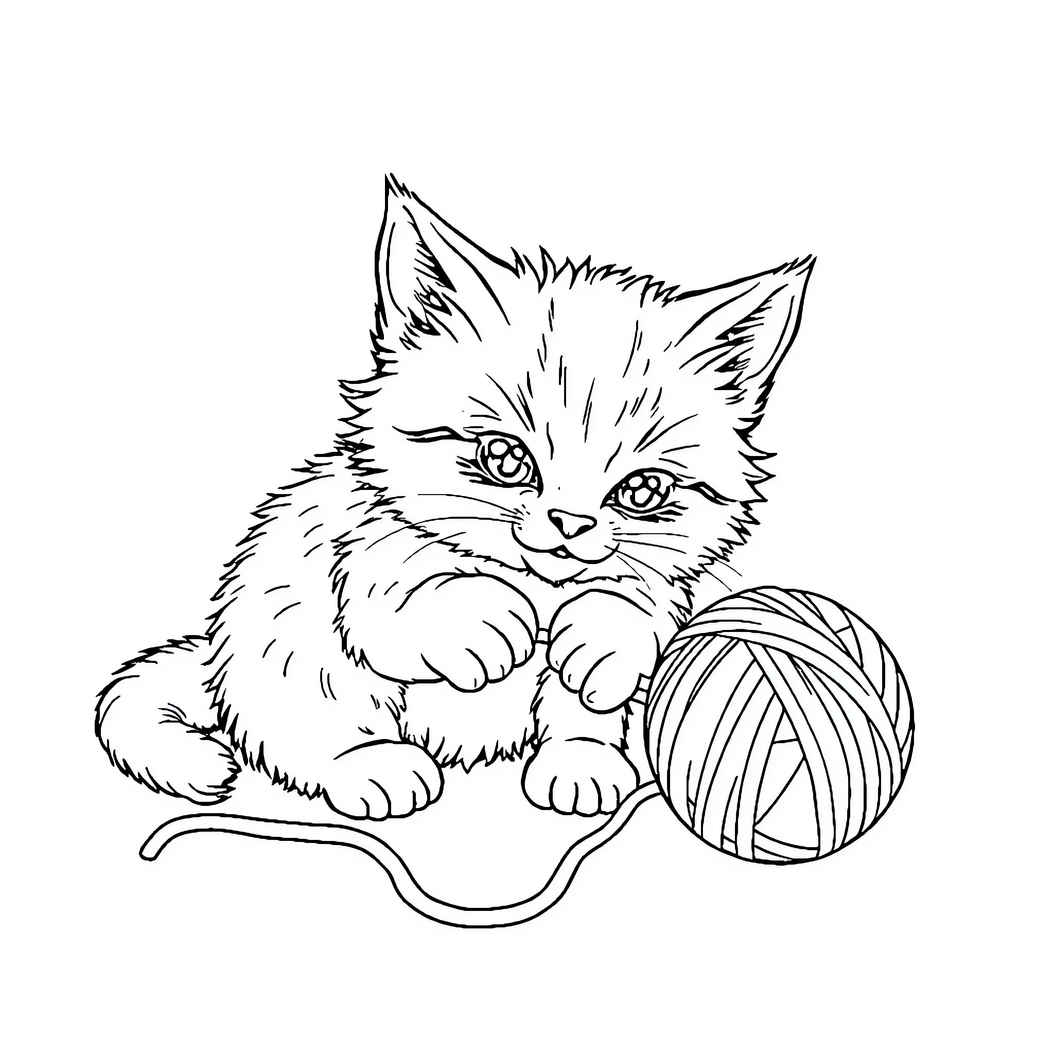 Cat playing with yarn ball Coloring Page (free black-and-white line drawing printable PDF for all, from beginners to advanced learners, including children, teens, adults, and seniors)