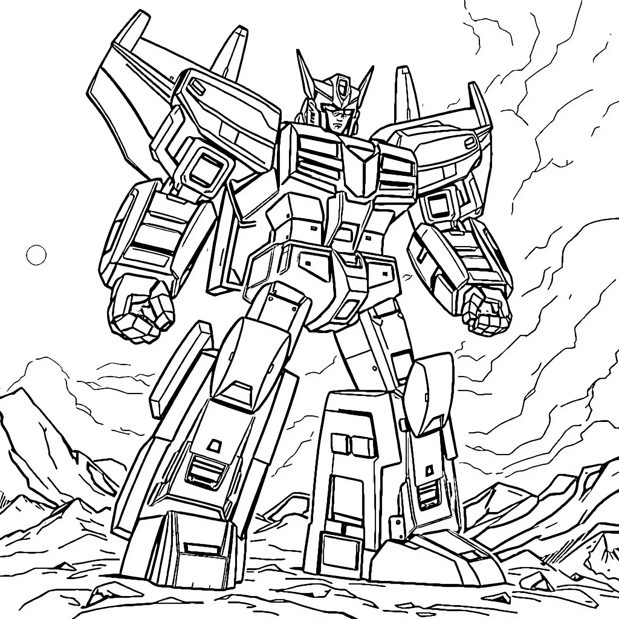Voltron robot in action-packed pose Coloring Page (free black-and-white line drawing printable PDF for all, from beginners to advanced learners, including children, teens, adults, and seniors)