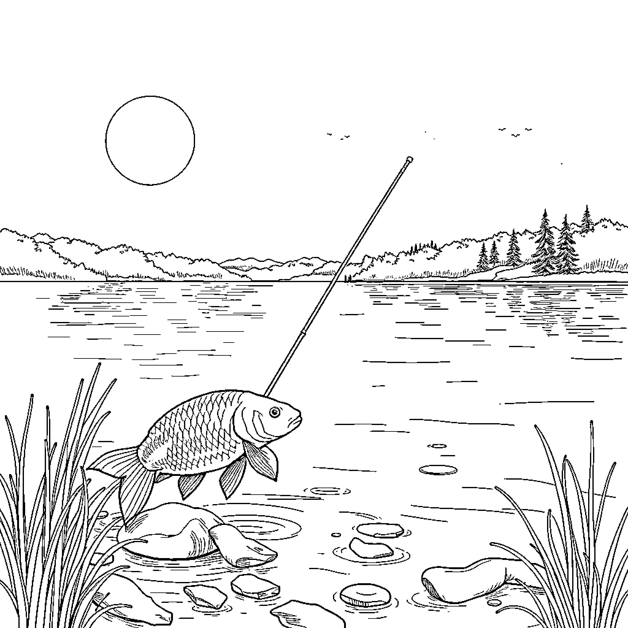 Carp fishing in serene lake landscape Coloring Page (free black-and-white line drawing printable PDF for all, from beginners to advanced learners, including children, teens, adults, and seniors)