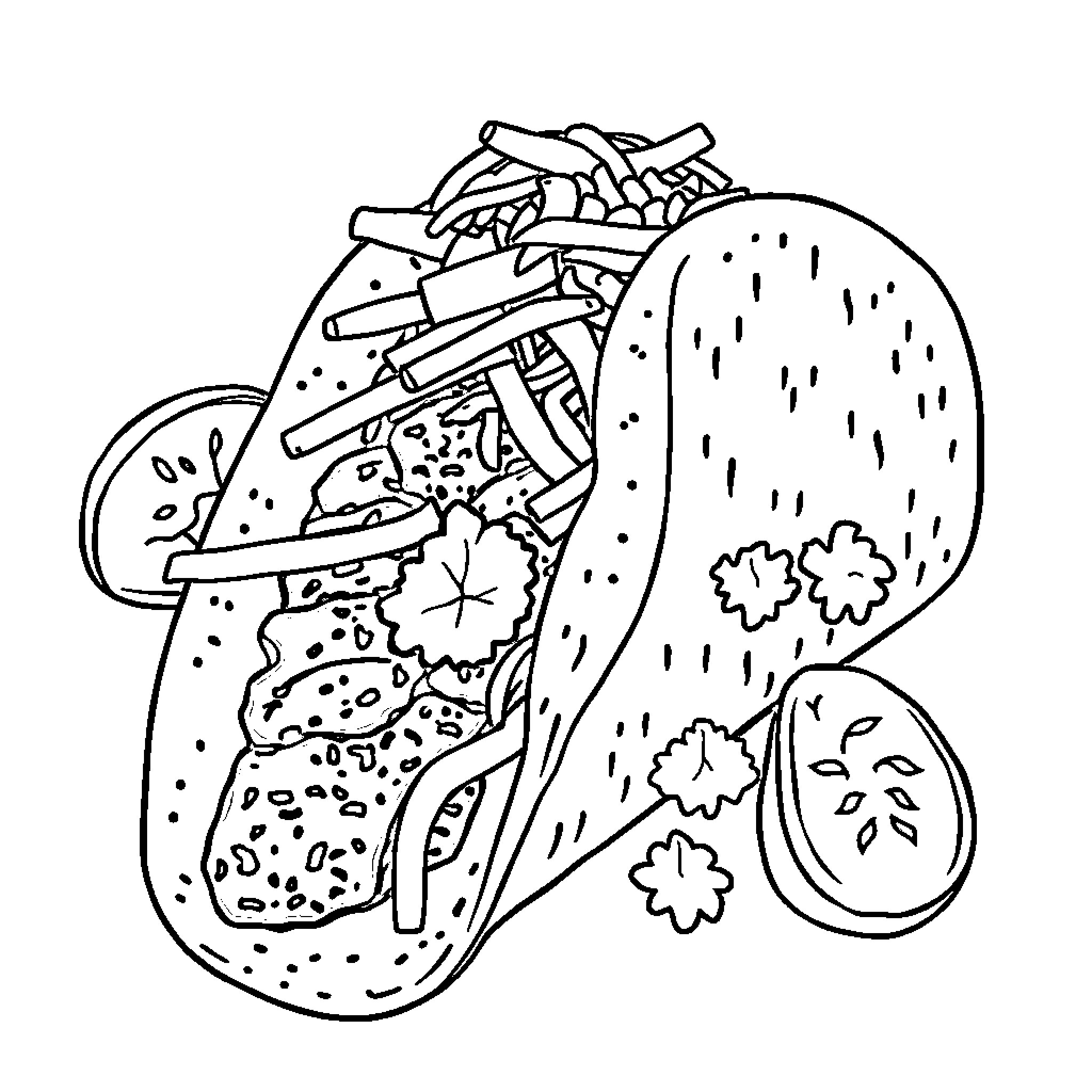 Taco with Tasty Ingredients Coloring Page (free black-and-white line drawing printable PDF for all, from beginners to advanced learners, including children, teens, adults, and seniors)