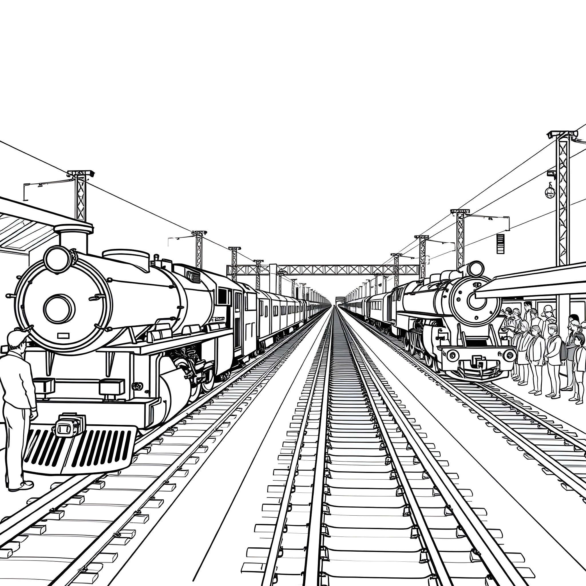 Train Station Bustling with Activity Coloring Page (free black-and-white line drawing printable PDF for all, from beginners to advanced learners, including children, teens, adults, and seniors)