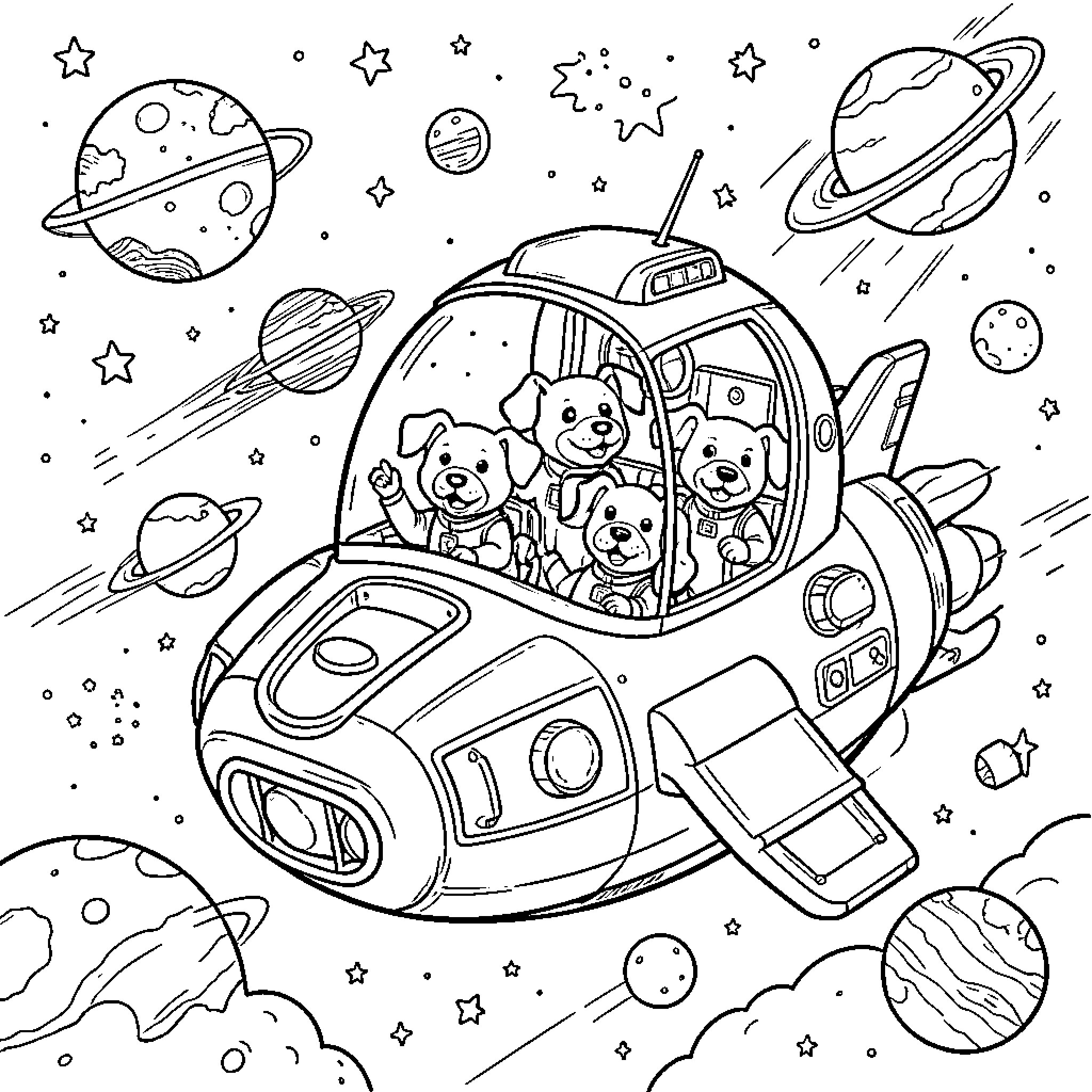 Pat Patrol Dogs exploring space in a rocket ship Coloring Page (free black-and-white line drawing printable PDF for all, from beginners to advanced learners, including children, teens, adults, and seniors)