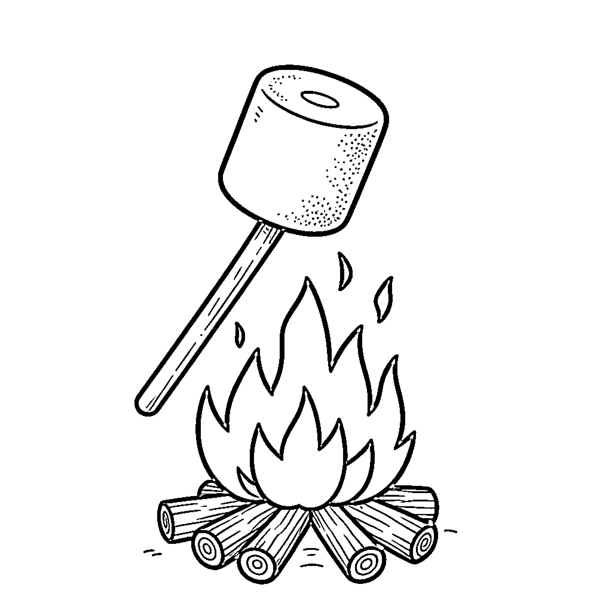 Marshmallow being roasted over a small campfire Coloring Page (free black-and-white line drawing printable PDF for all, from beginners to advanced learners, including children, teens, adults, and seniors)