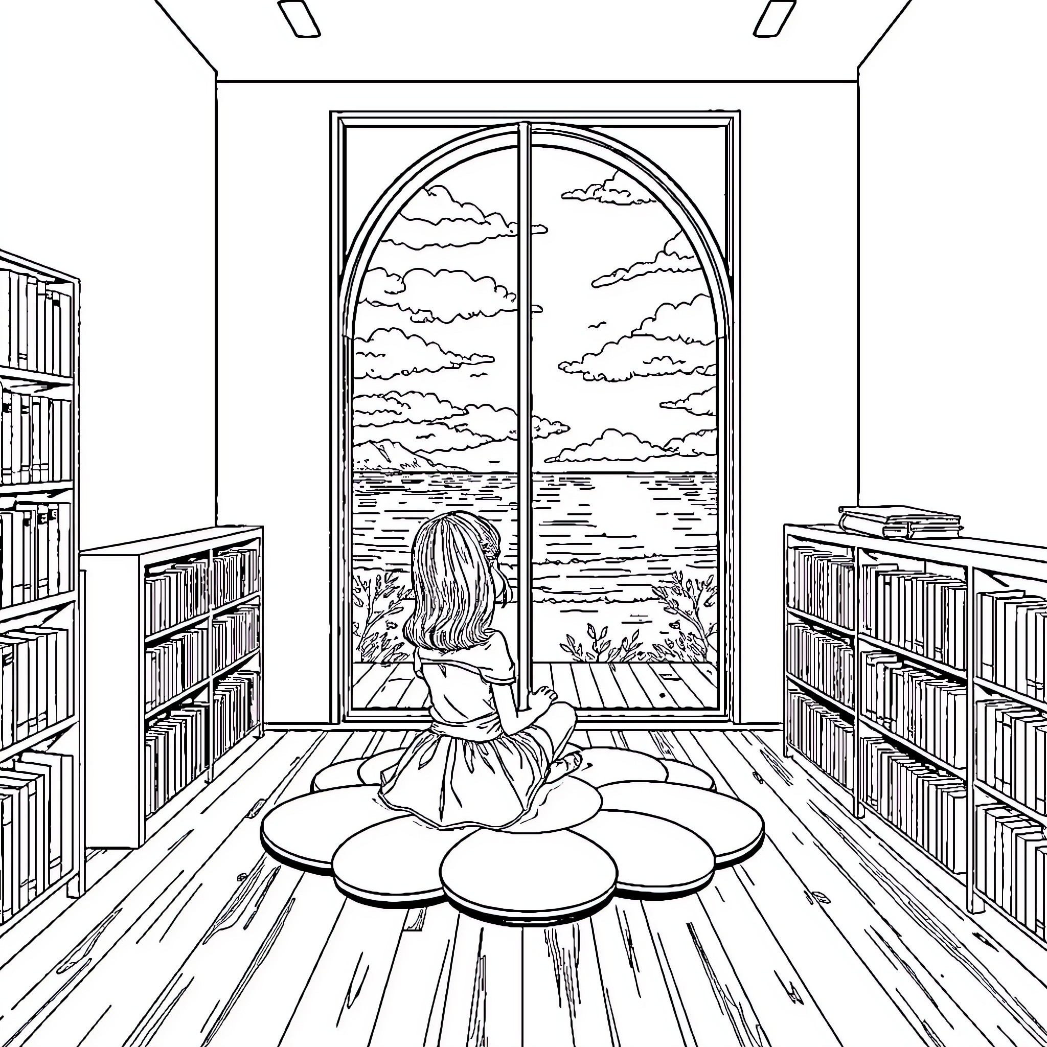 Fille admiring scenic view through window Coloring Page (free black-and-white line drawing printable PDF for all, from beginners to advanced learners, including children, teens, adults, and seniors)
