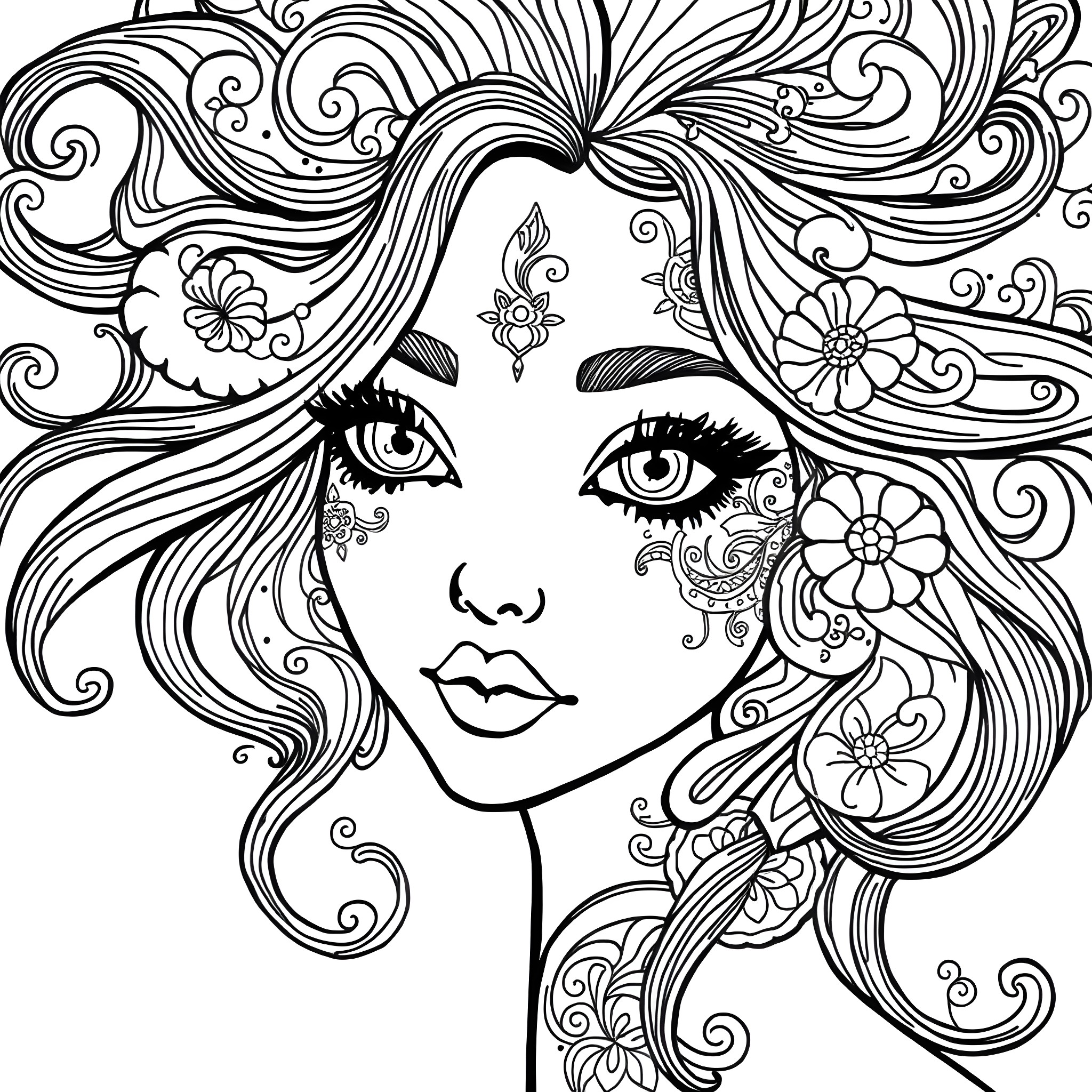 Paisley Portrait of a Whimsical Woman Coloring Page (free black-and-white line drawing printable PDF for all, from beginners to advanced learners, including children, teens, adults, and seniors)