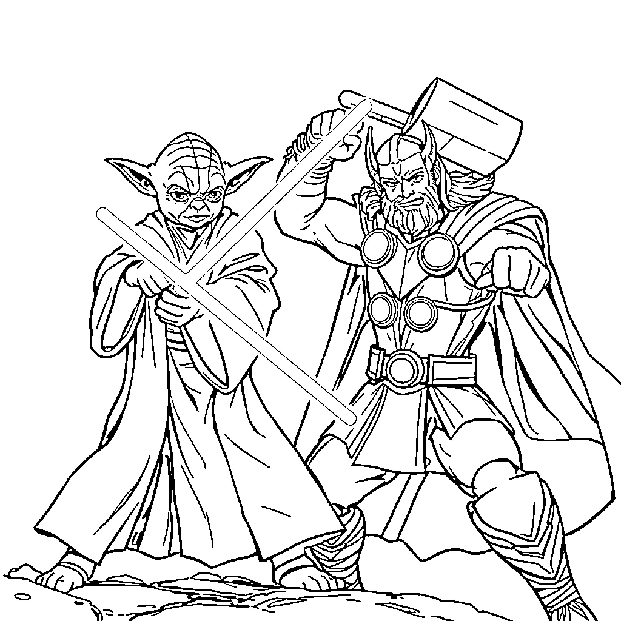 Yoda and Thor in epic battle Coloring Page (free black-and-white line drawing printable PDF for all, from beginners to advanced learners, including children, teens, adults, and seniors)
