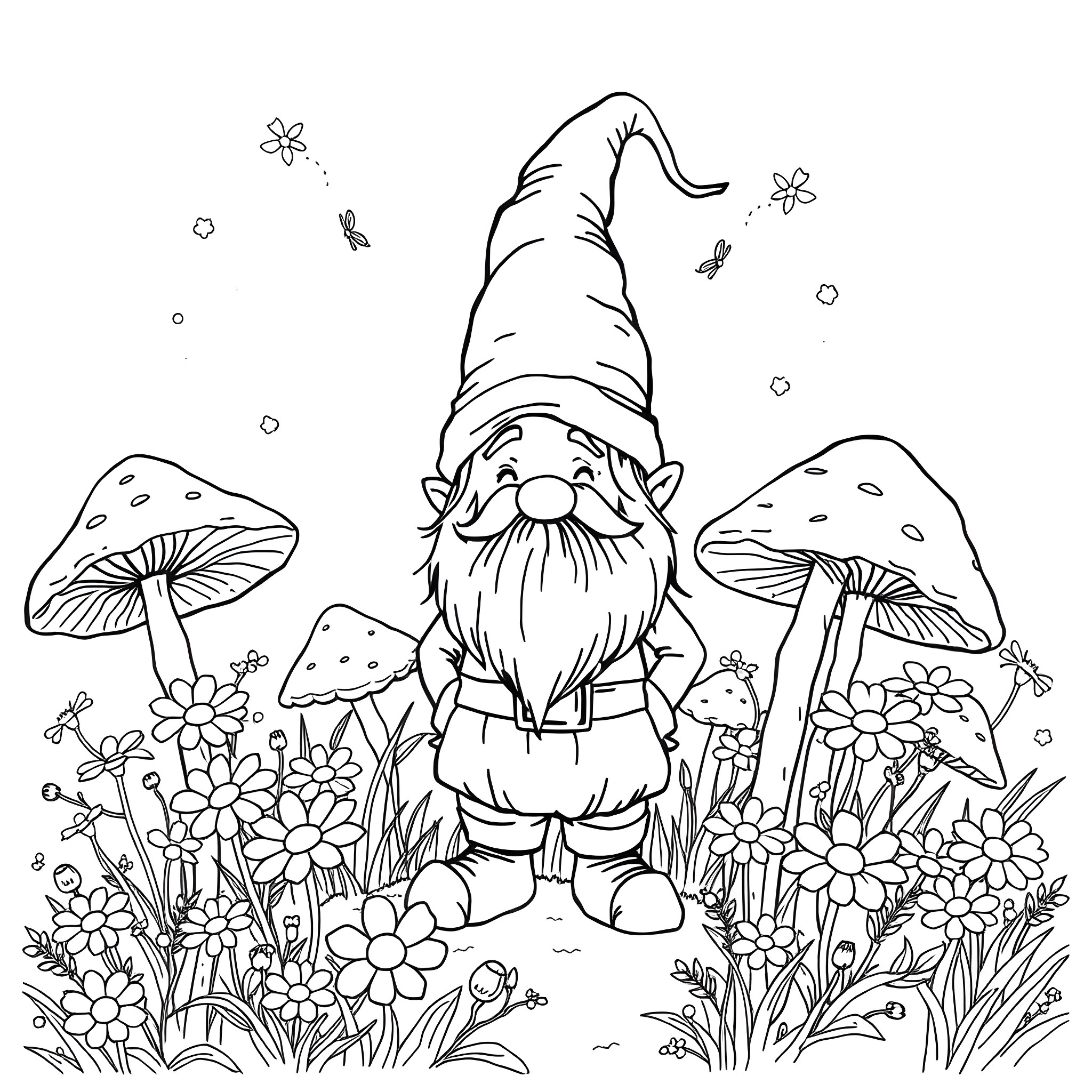 Gnome enjoying a whimsical mushroom garden Coloring Page (free black-and-white line drawing printable PDF for all, from beginners to advanced learners, including children, teens, adults, and seniors)