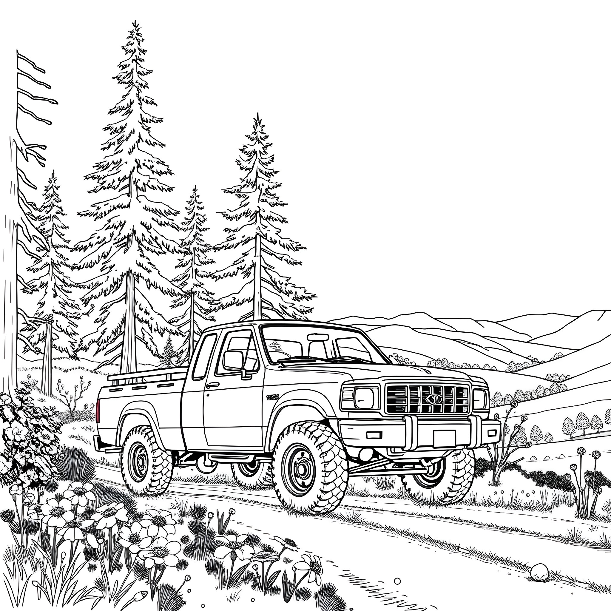 Pick Up Truck Traversing Rugged Countryside Coloring Page (free black-and-white line drawing printable PDF for all, from beginners to advanced learners, including children, teens, adults, and seniors)