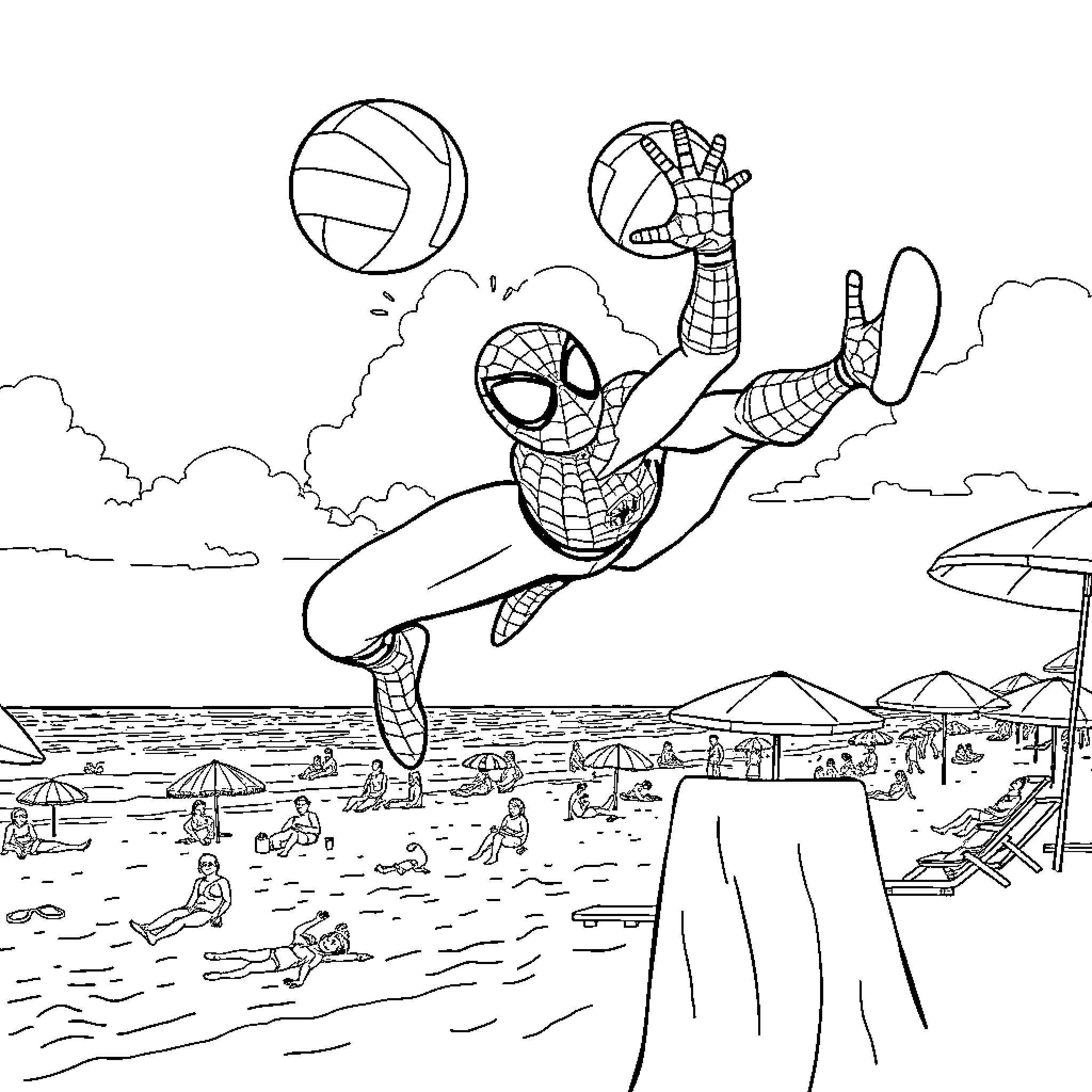 Spiderman swinging acrobatically over a beachfront scene Coloring Page (free black-and-white line drawing printable PDF for all, from beginners to advanced learners, including children, teens, adults, and seniors)
