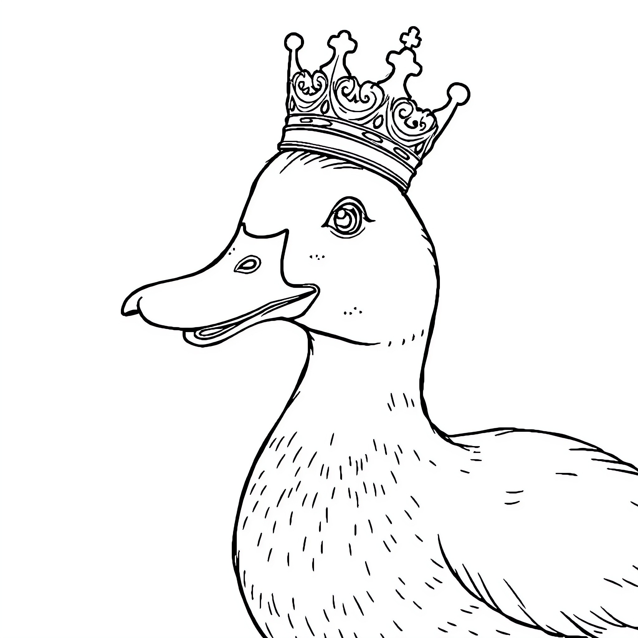 Duck with a Crown Sitting Proudly Coloring Page (free black-and-white line drawing printable PDF for all, from beginners to advanced learners, including children, teens, adults, and seniors)