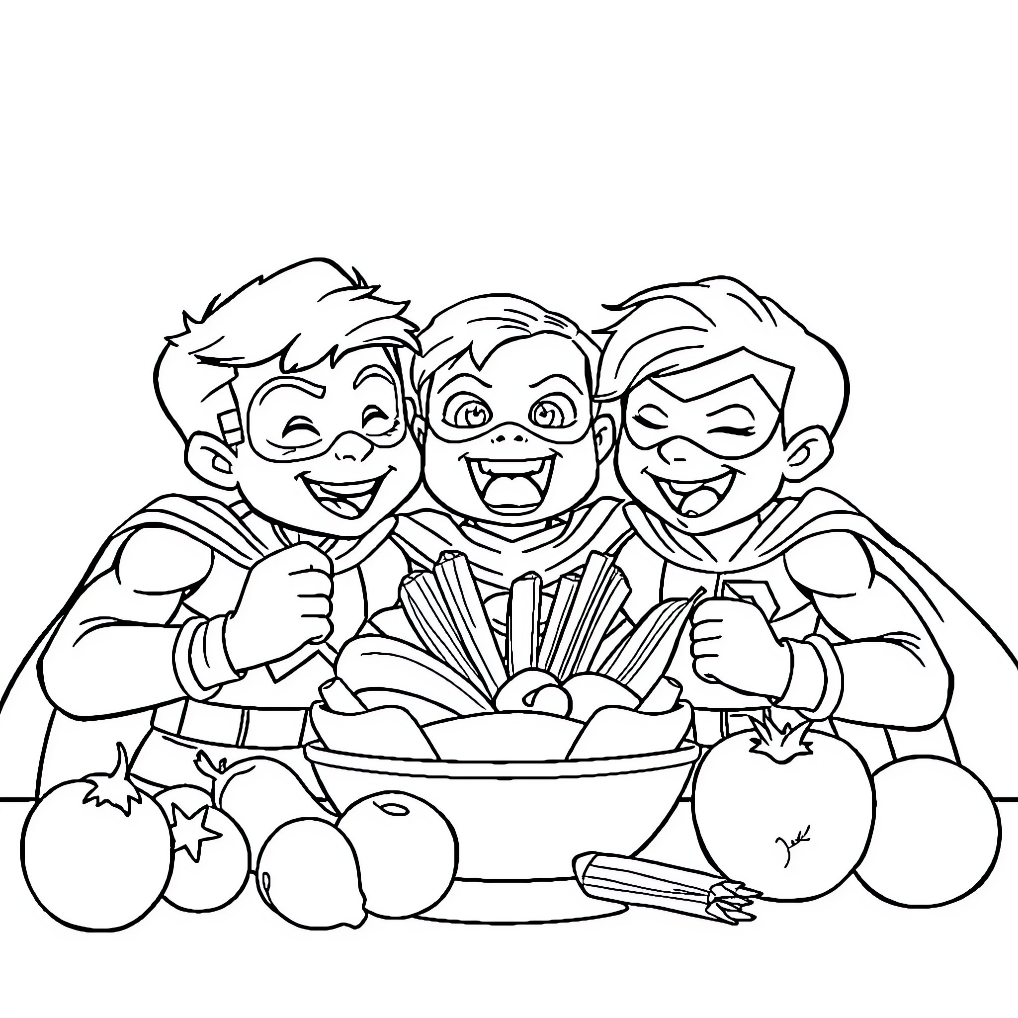 Superhero Boys Enjoying a Healthy Snack Coloring Page (free black-and-white line drawing printable PDF for all, from beginners to advanced learners, including children, teens, adults, and seniors)