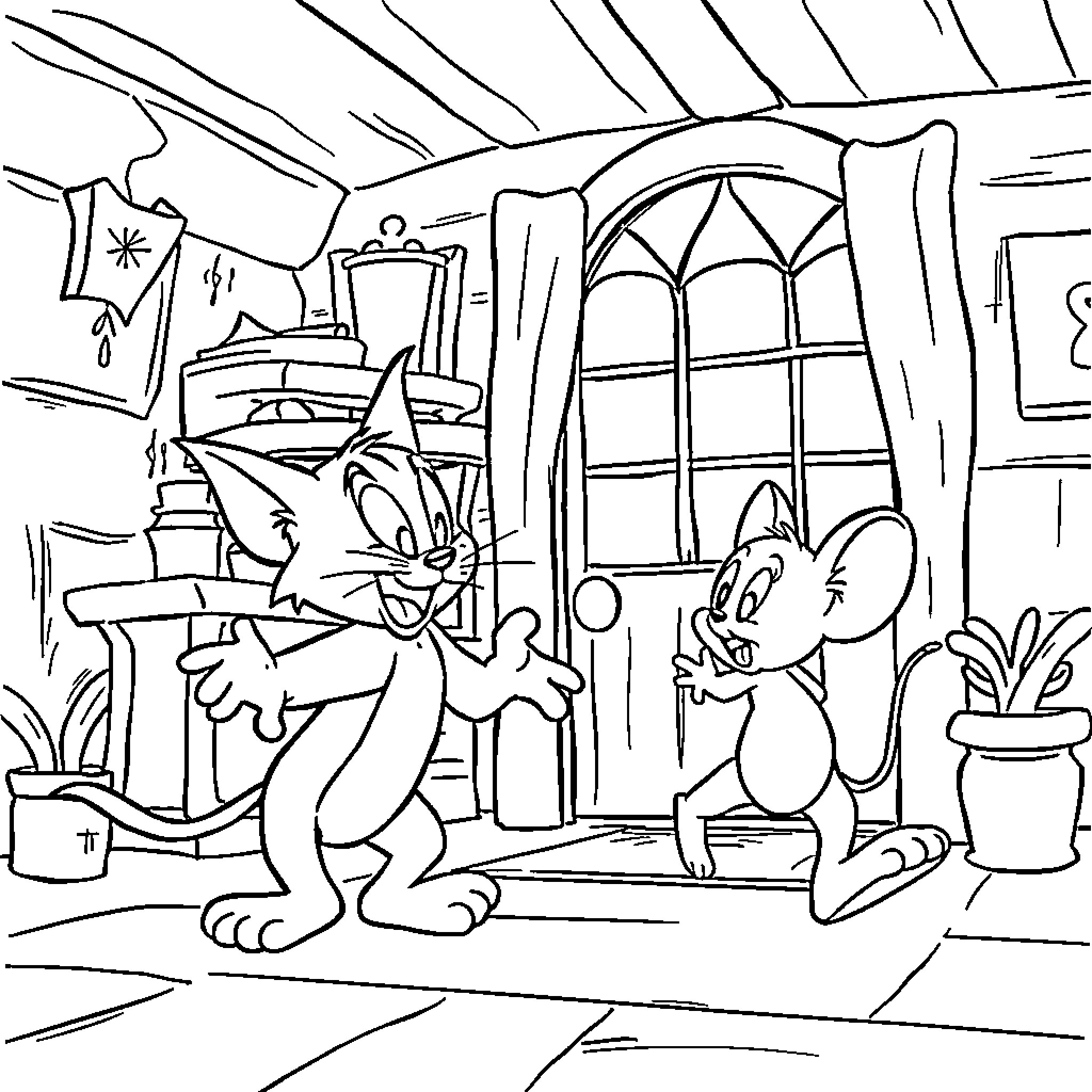 Tom and Jerry's Mischievous Antics in the House Coloring Page (free black-and-white line drawing printable PDF for all, from beginners to advanced learners, including children, teens, adults, and seniors)