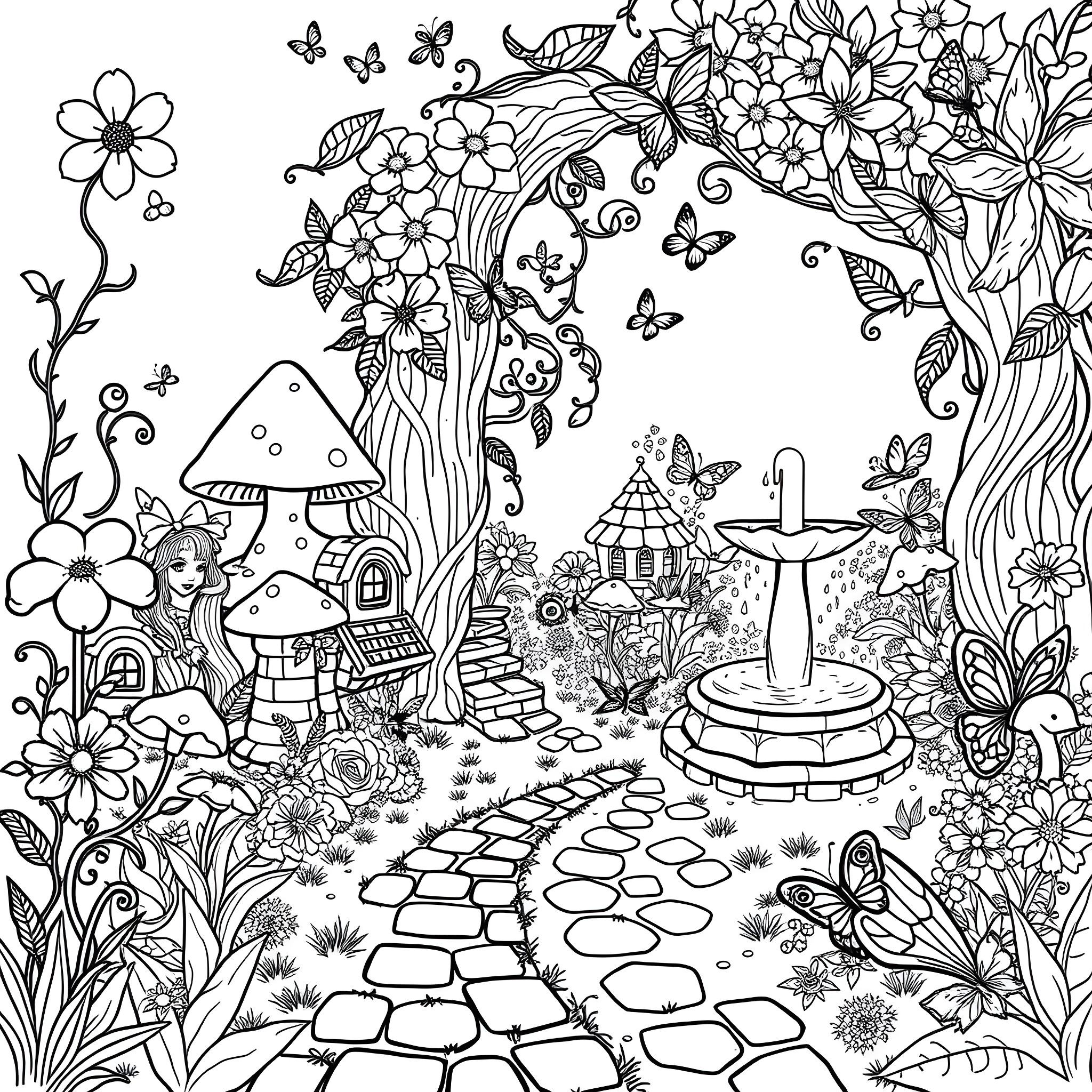 Fairy Tale Garden with Mushroom Houses and Fountain Coloring Page (free black-and-white line drawing printable PDF for all, from beginners to advanced learners, including children, teens, adults, and seniors)