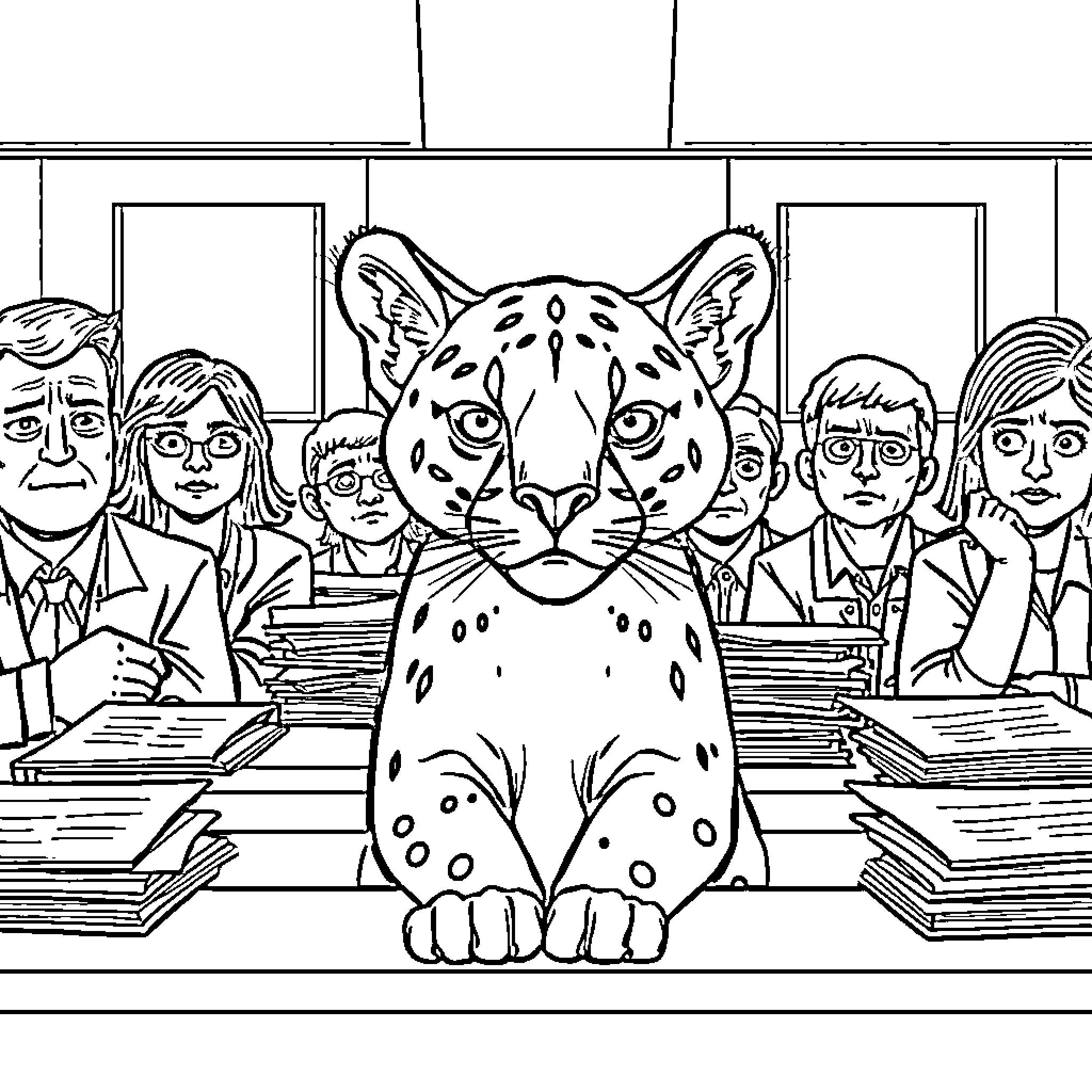 Puma guarding students in a classroom setting Coloring Page (free black-and-white line drawing printable PDF for all, from beginners to advanced learners, including children, teens, adults, and seniors)