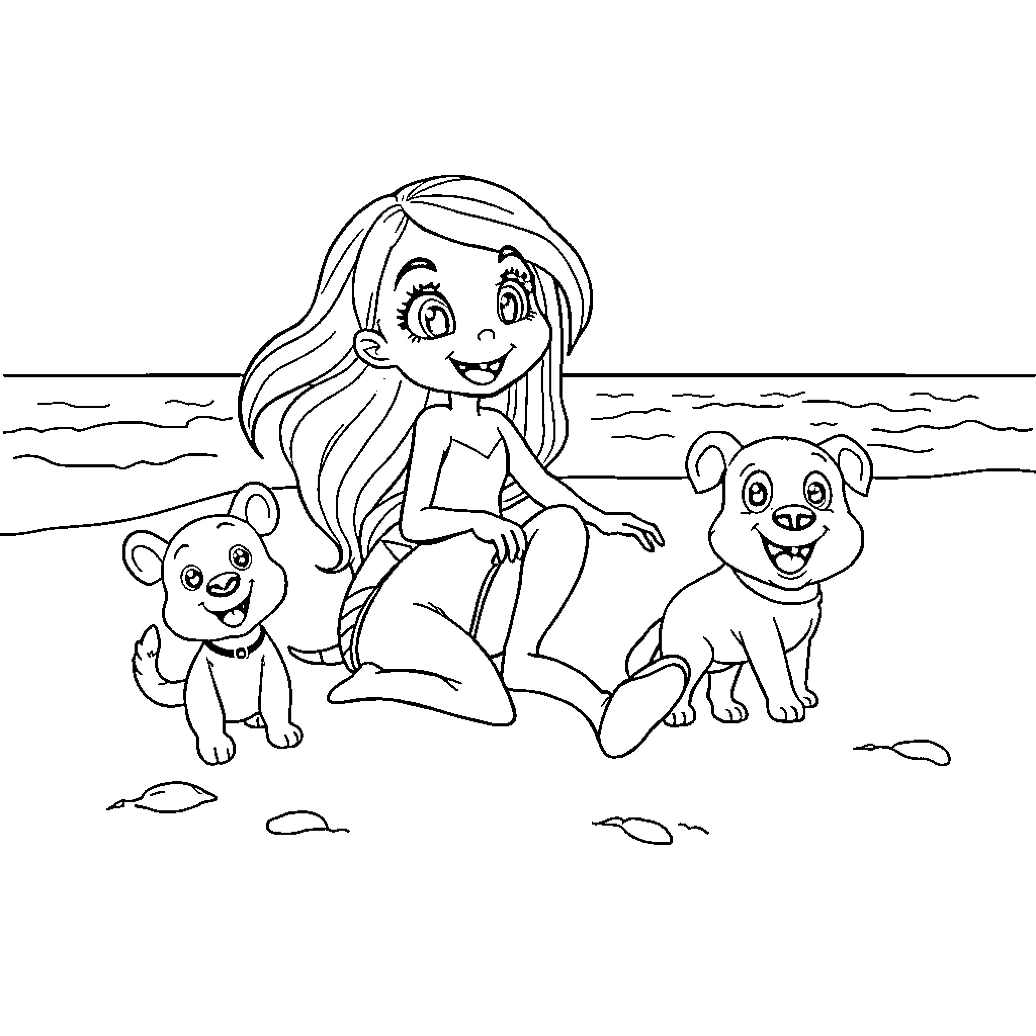 Gabibata playing happily with puppies on the beach Coloring Page (free black-and-white line drawing printable PDF for all, from beginners to advanced learners, including children, teens, adults, and seniors)