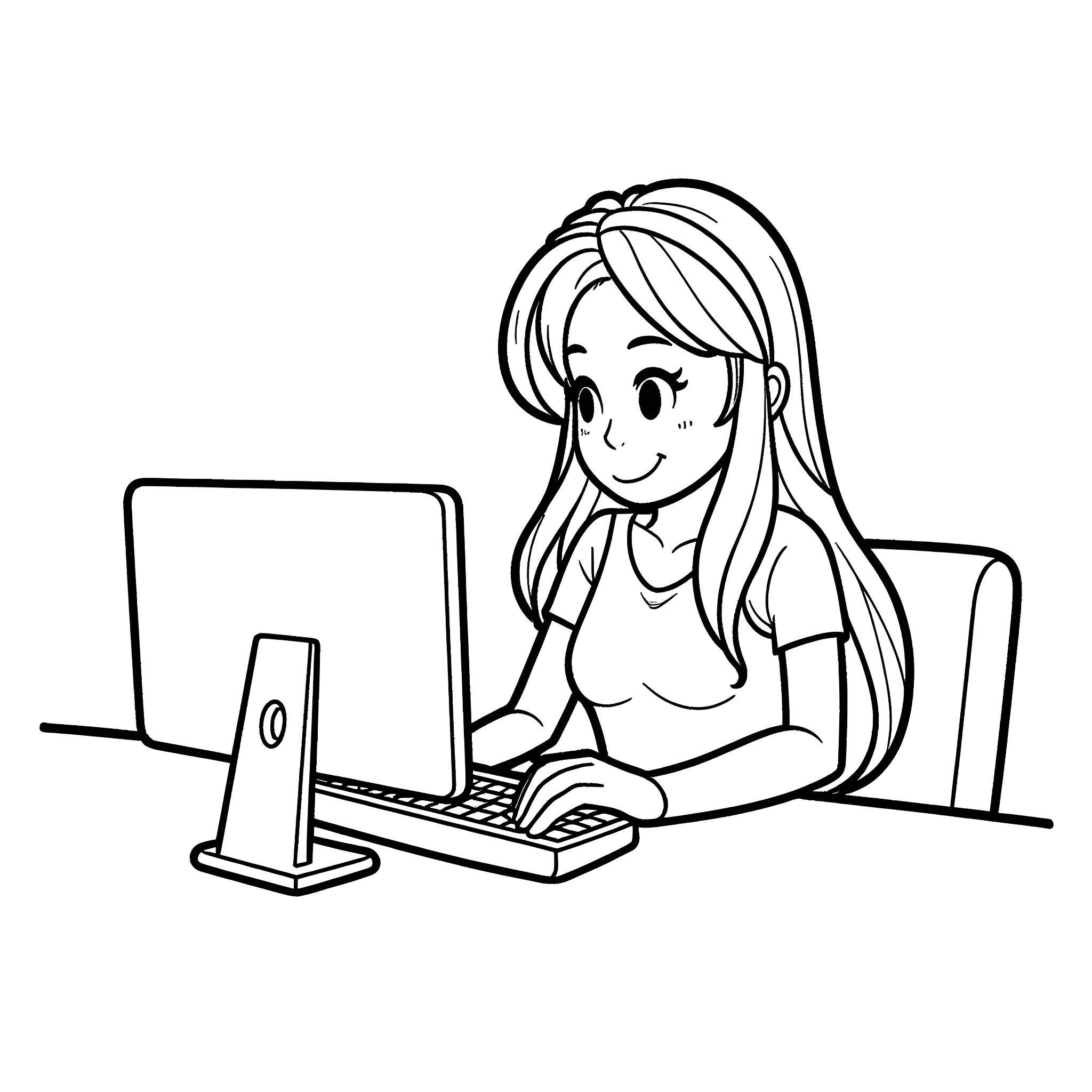 Sabrina Carpenter Studying at Computer Coloring Page (free black-and-white line drawing printable PDF for all, from beginners to advanced learners, including children, teens, adults, and seniors)