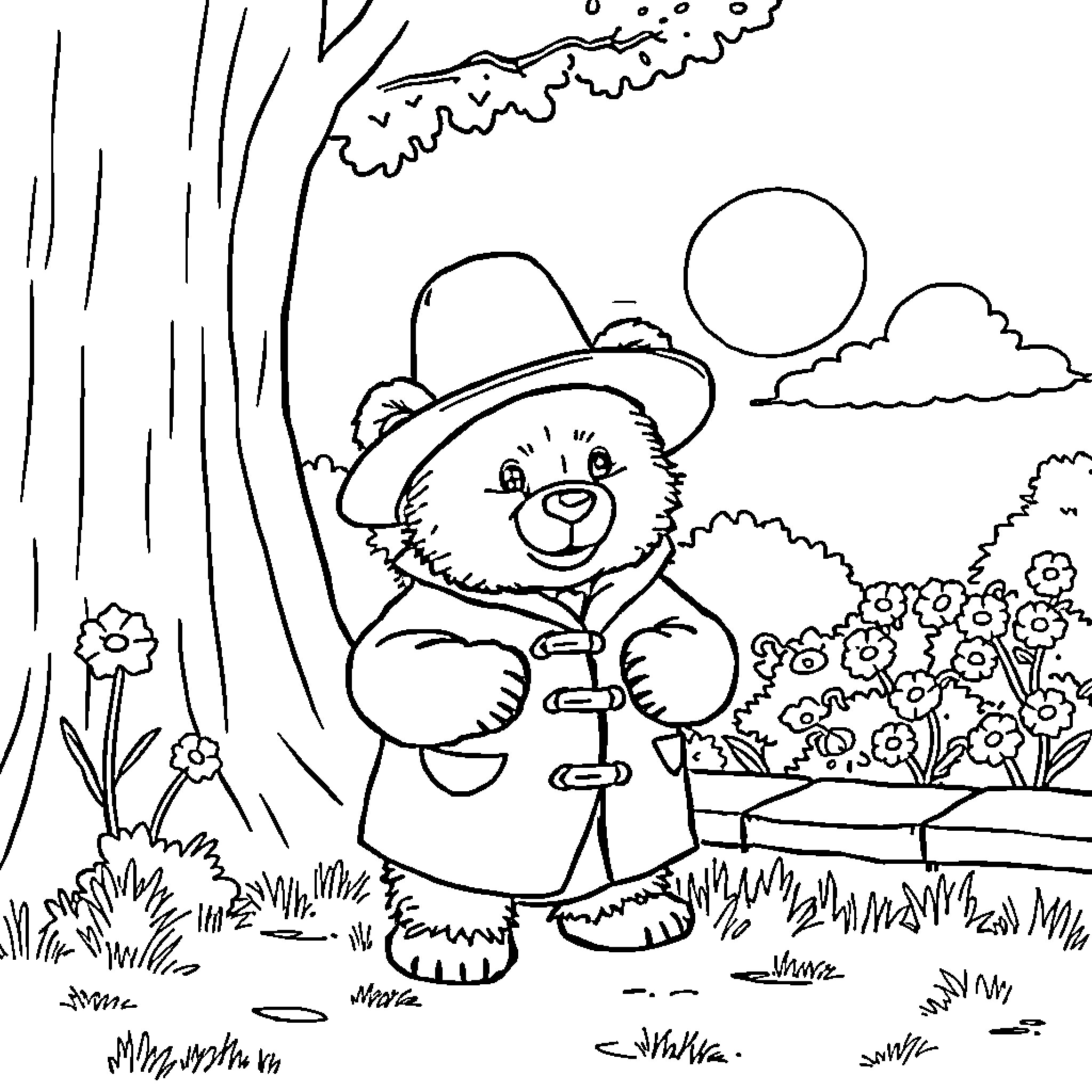 Bear in a Cowboy Outfit Exploring Nature Coloring Page (free black-and-white line drawing printable PDF for all, from beginners to advanced learners, including children, teens, adults, and seniors)