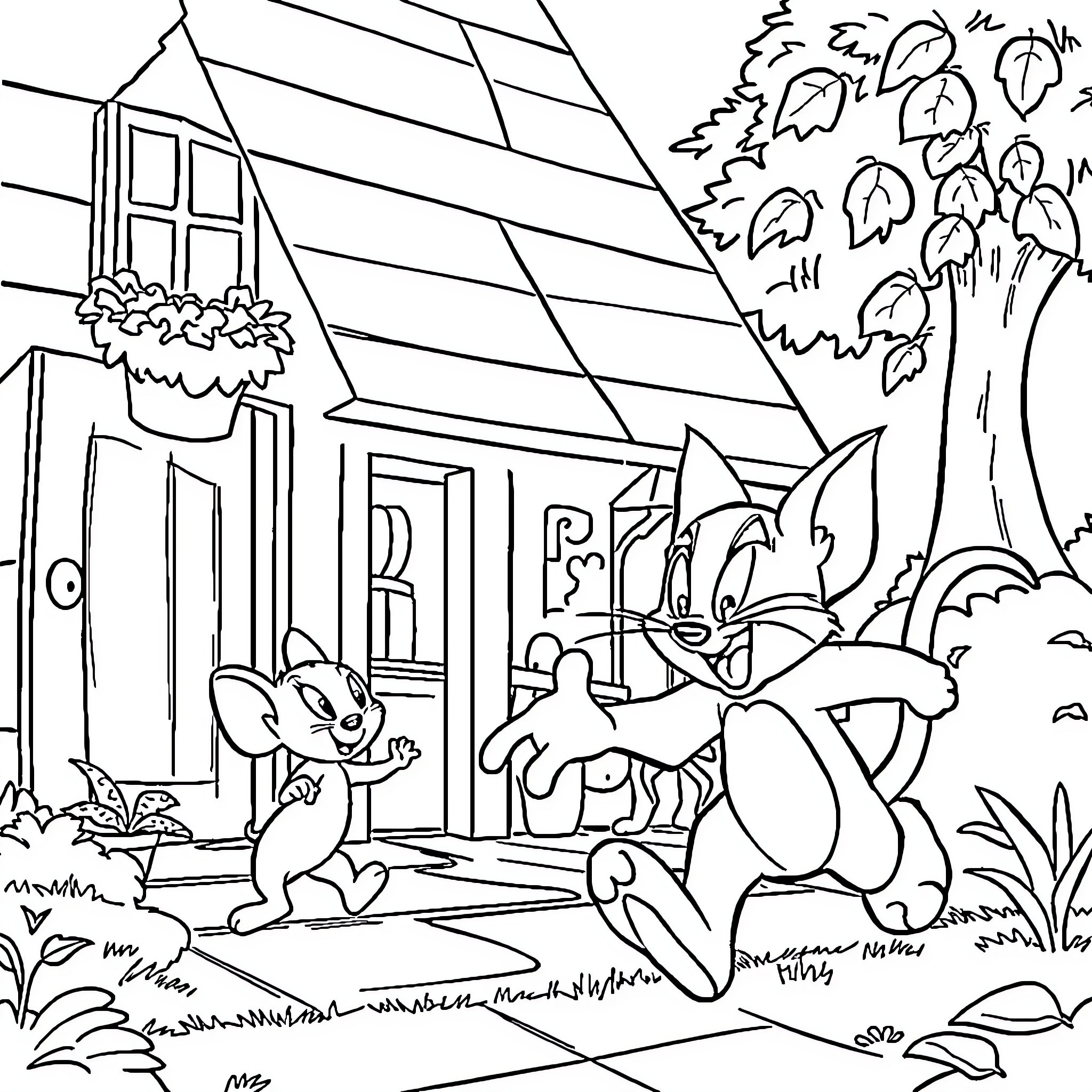 Tom and Jerry Playing Outdoors Near Cottage Coloring Page (free black-and-white line drawing printable PDF for all, from beginners to advanced learners, including children, teens, adults, and seniors)