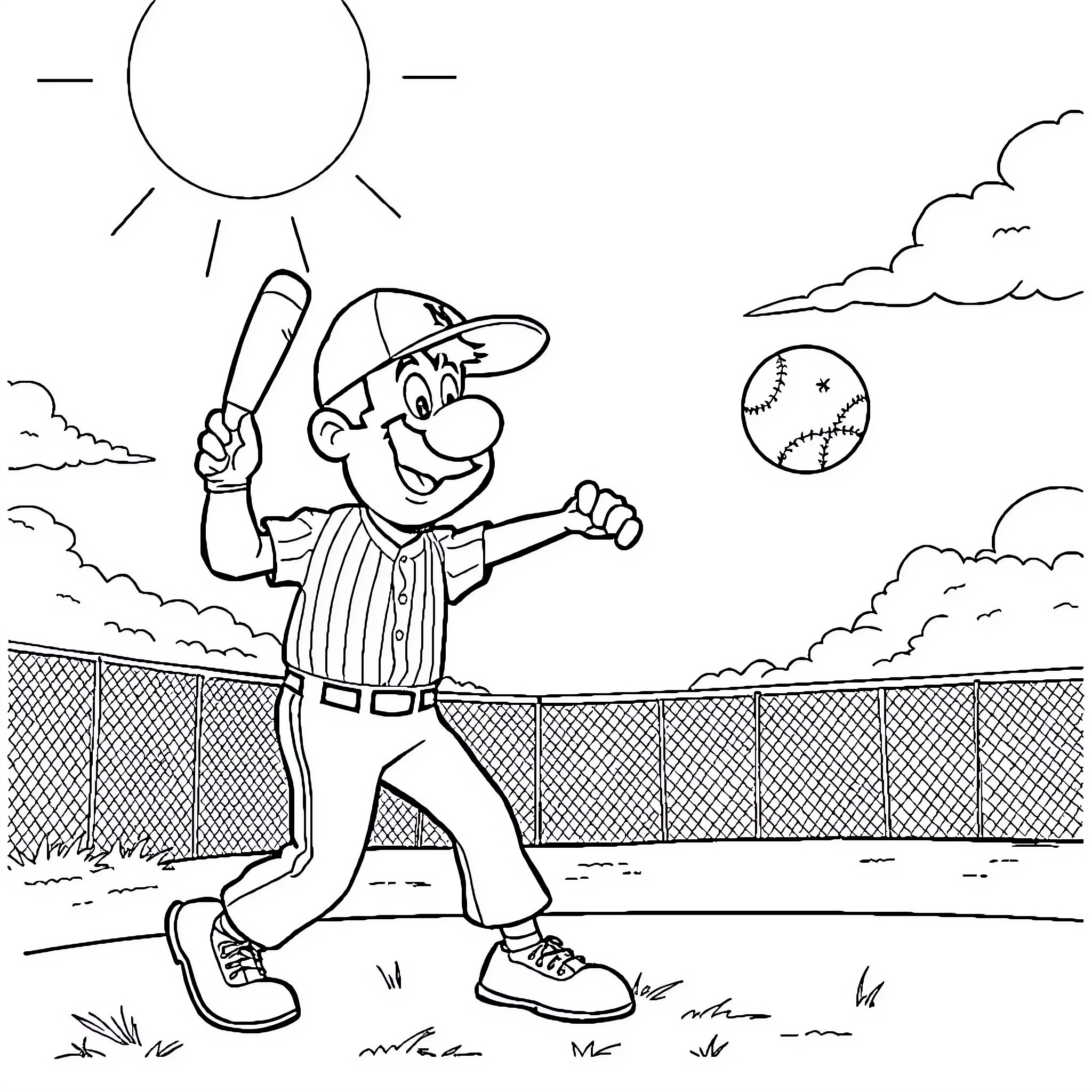 Happy Gilmore playing baseball with enthusiasm Coloring Page (free black-and-white line drawing printable PDF for all, from beginners to advanced learners, including children, teens, adults, and seniors)
