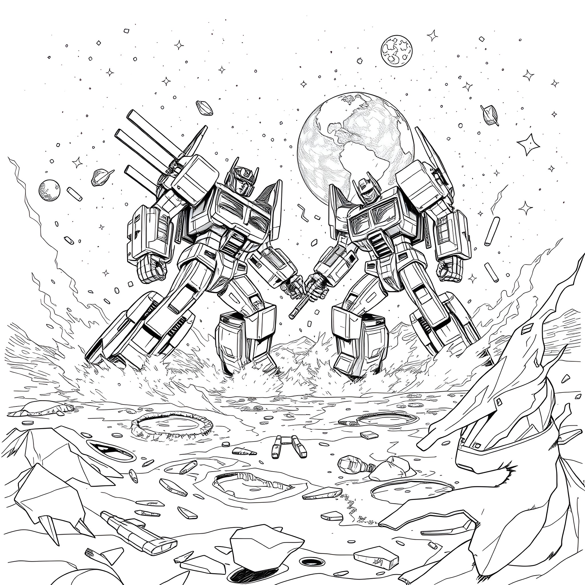 Transformers battling in space with Earth Coloring Page (free black-and-white line drawing printable PDF for all, from beginners to advanced learners, including children, teens, adults, and seniors)