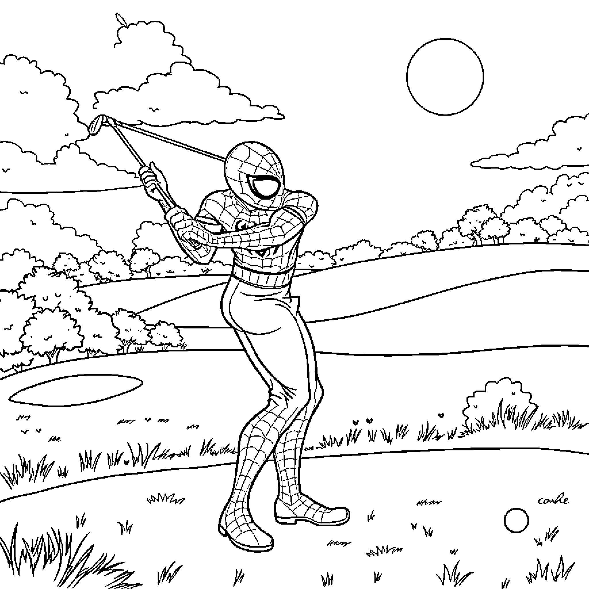 Spiderman swinging through a serene outdoor landscape Coloring Page (free black-and-white line drawing printable PDF for all, from beginners to advanced learners, including children, teens, adults, and seniors)