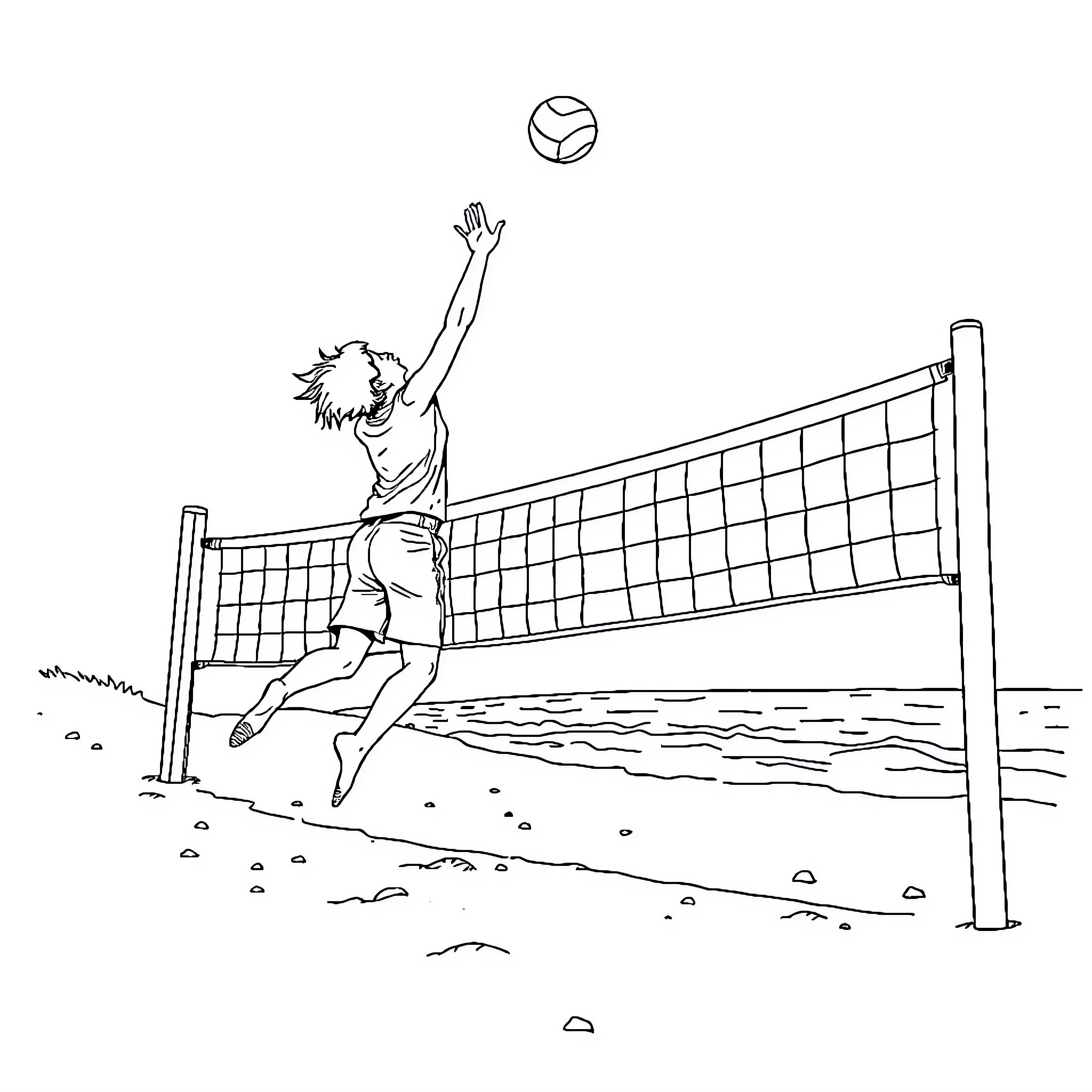 Volleyball player jumping to spike the ball Coloring Page (free black-and-white line drawing printable PDF for all, from beginners to advanced learners, including children, teens, adults, and seniors)