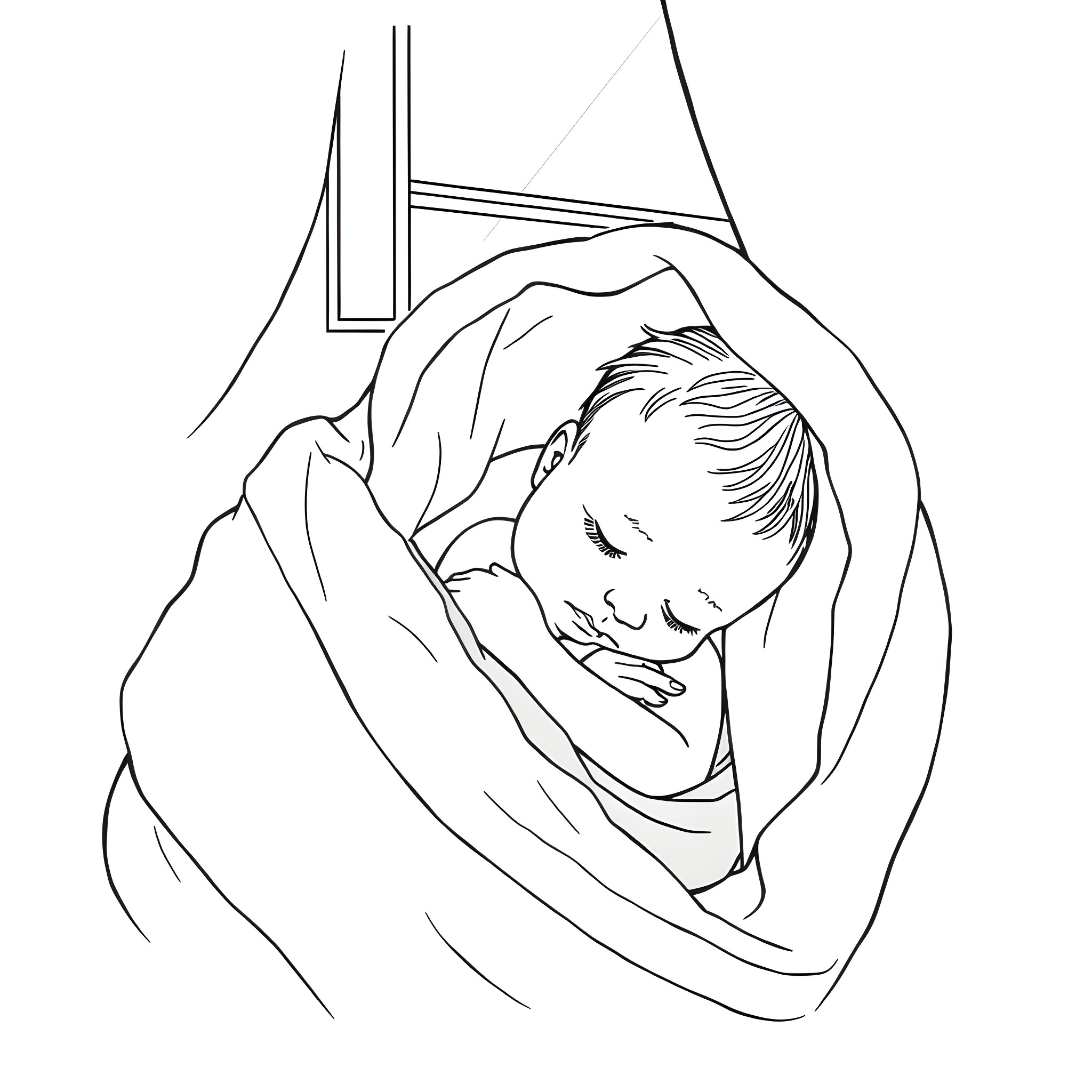 Baby sleeping peacefully in warm blanket Coloring Page (free black-and-white line drawing printable PDF for all, from beginners to advanced learners, including children, teens, adults, and seniors)