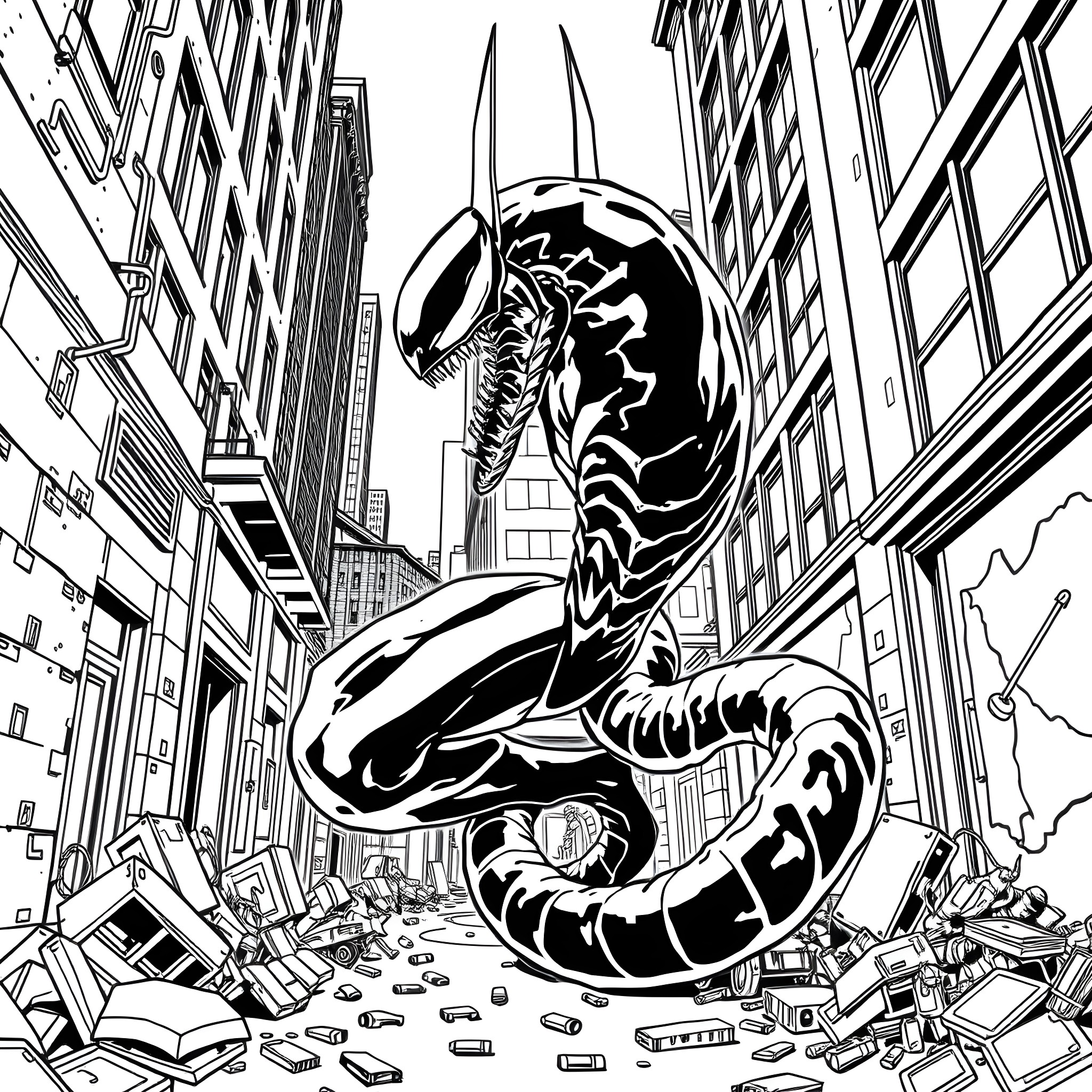 Venom wreaking havoc in the city Coloring Page (free black-and-white line drawing printable PDF for all, from beginners to advanced learners, including children, teens, adults, and seniors)