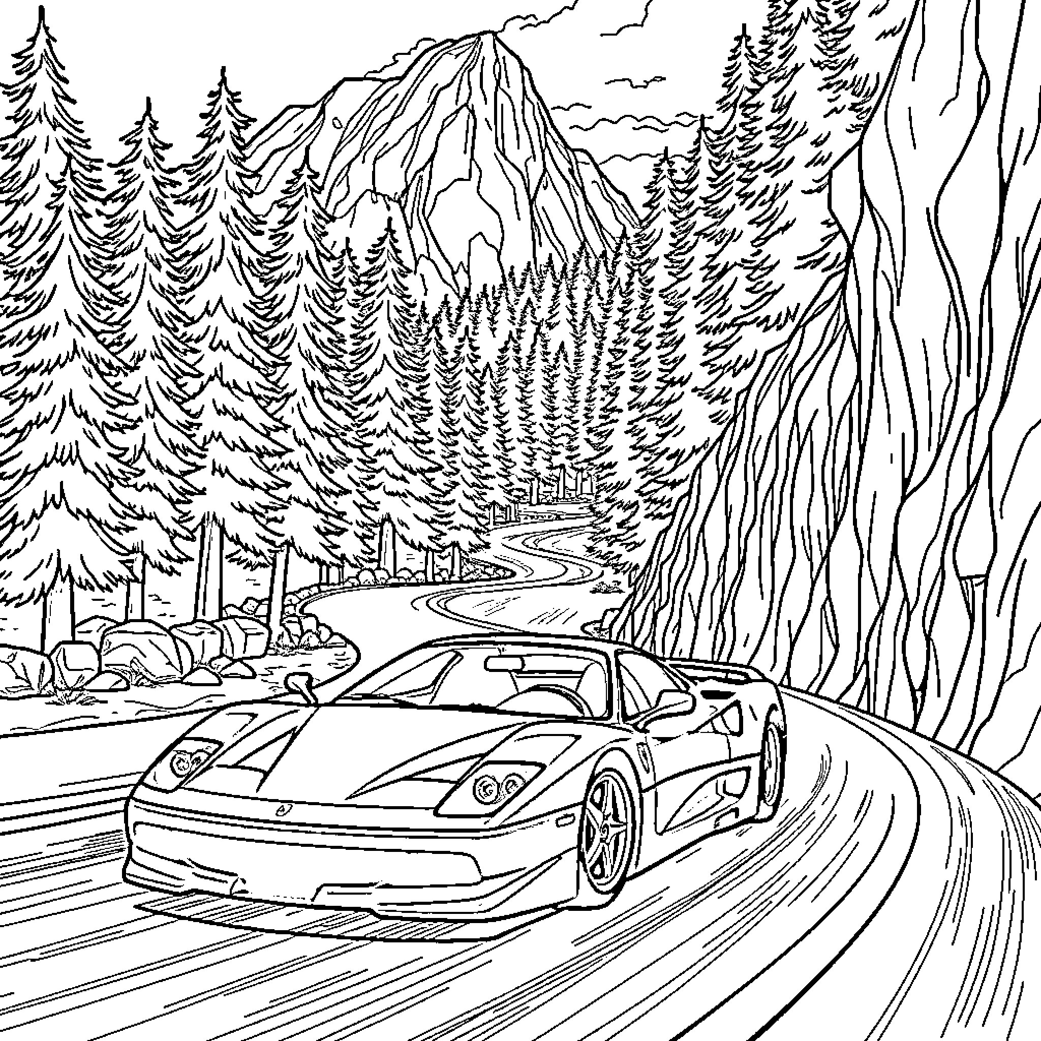 Ferrari sports car racing through mountain landscape Coloring Page (free black-and-white line drawing printable PDF for all, from beginners to advanced learners, including children, teens, adults, and seniors)