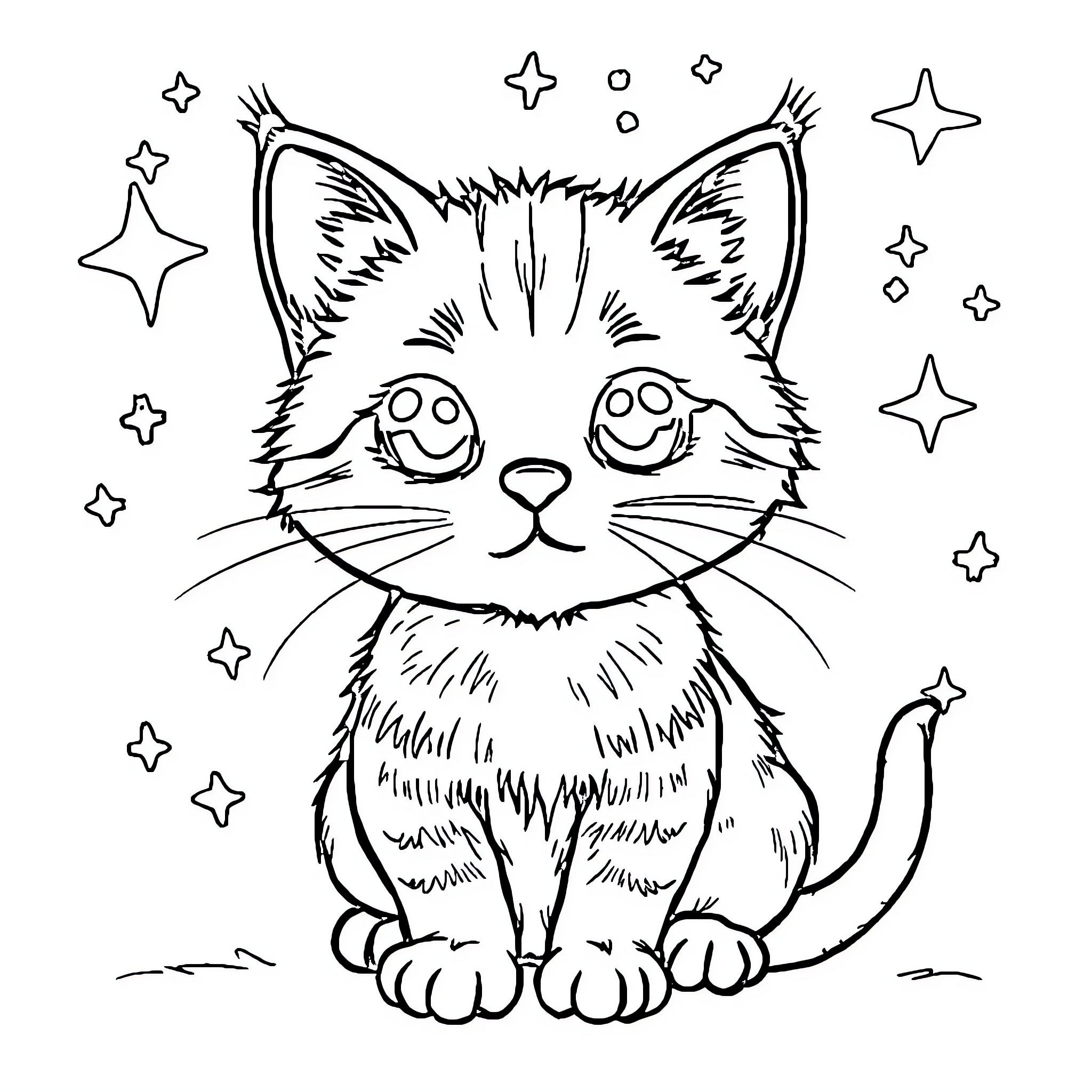 Cat Surrounded by Playful Stars Coloring Page (free black-and-white line drawing printable PDF for all, from beginners to advanced learners, including children, teens, adults, and seniors)
