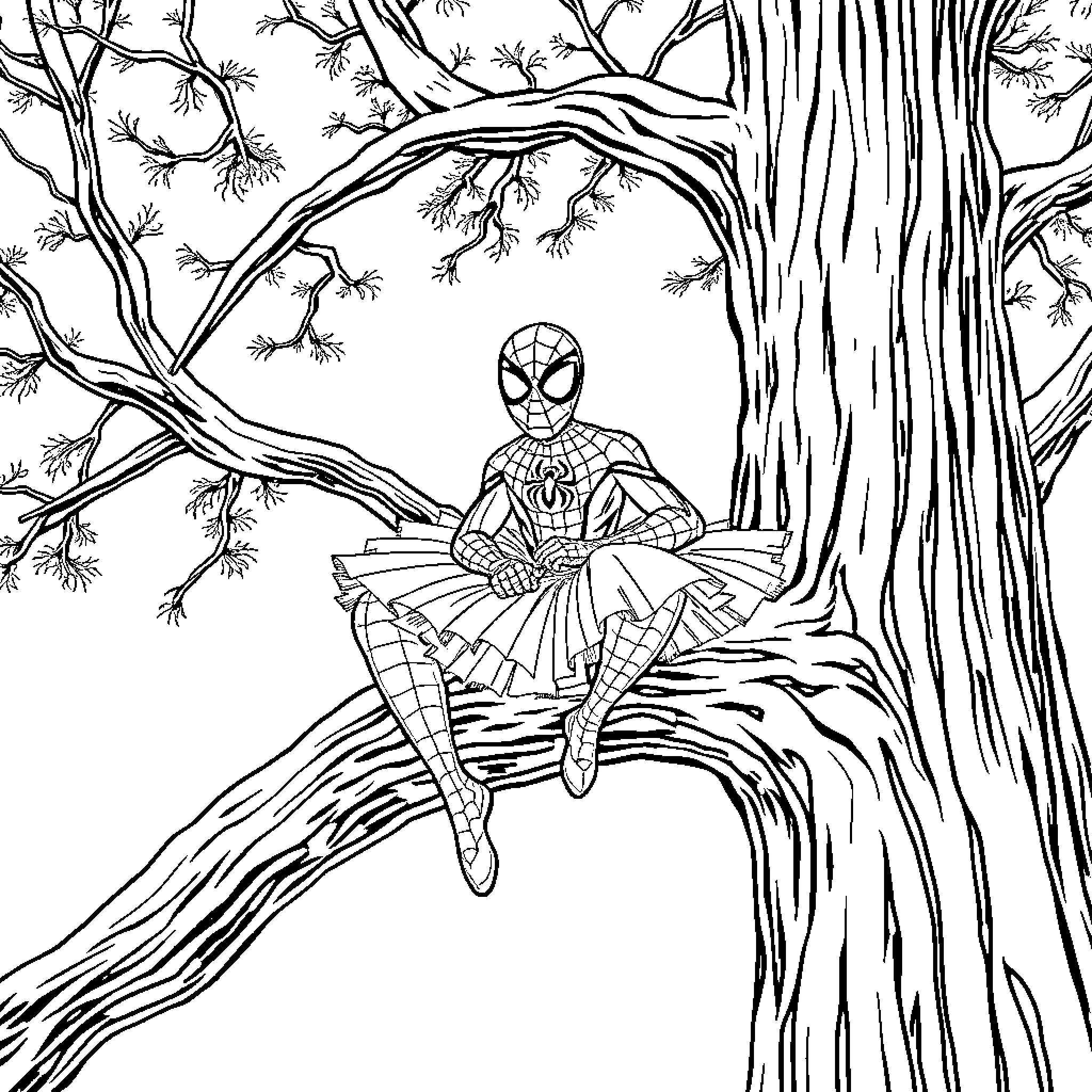Spiderman sitting on a tree branch in the forest Coloring Page (free black-and-white line drawing printable PDF for all, from beginners to advanced learners, including children, teens, adults, and seniors)