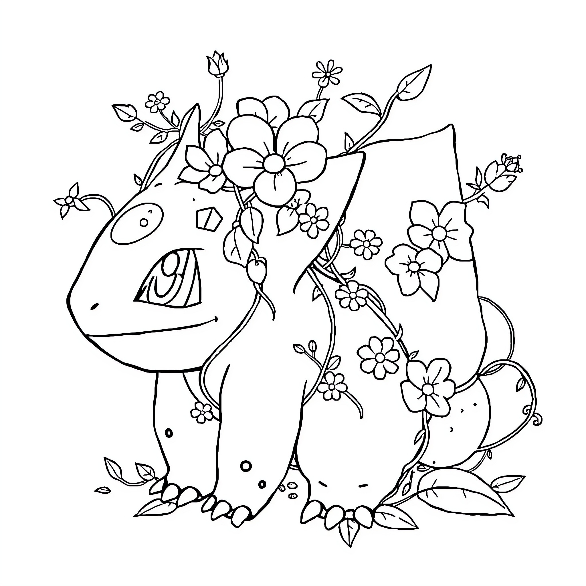 Bulbasaur surrounded by whimsical flowers Coloring Page (free black-and-white line drawing printable PDF for all, from beginners to advanced learners, including children, teens, adults, and seniors)