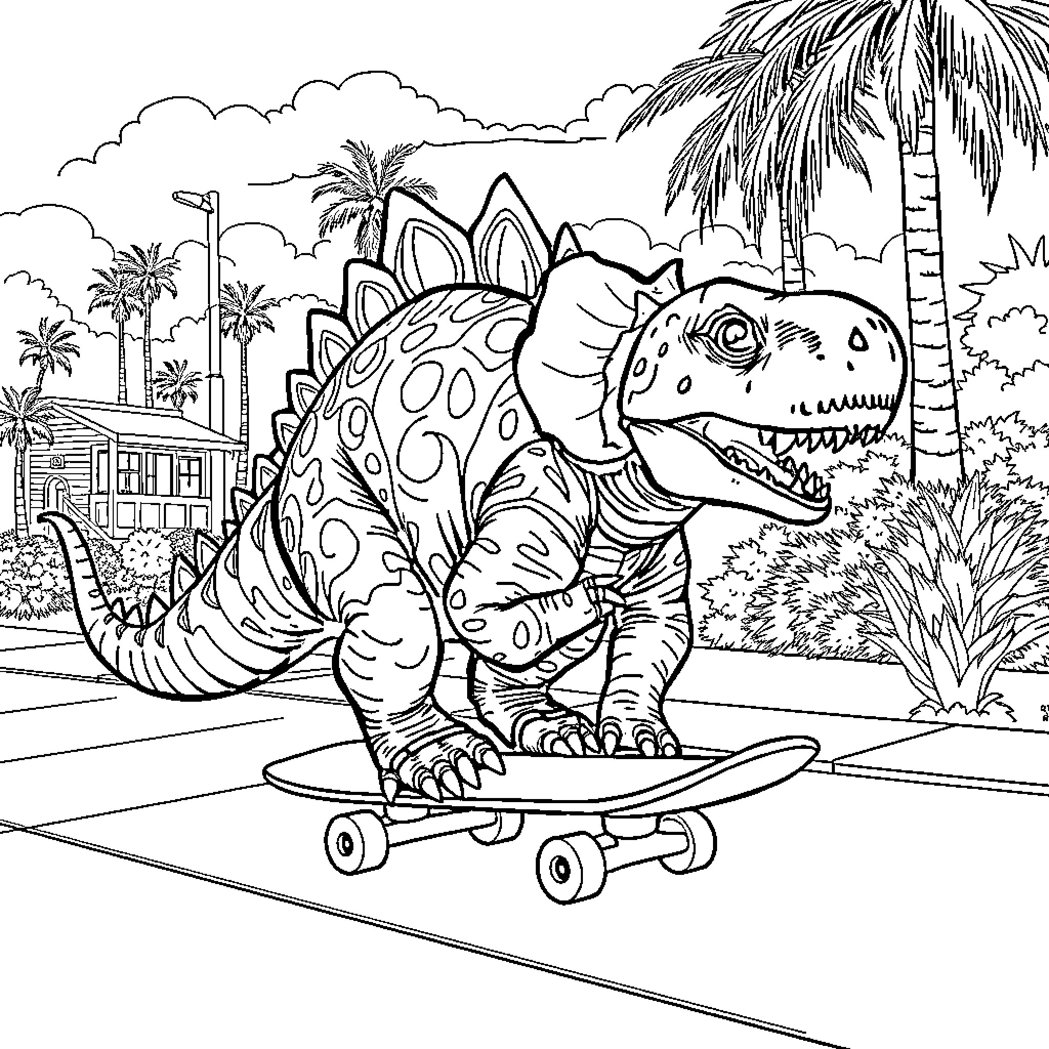 Ankylosaurus riding a skateboard in a tropical setting Coloring Page (free black-and-white line drawing printable PDF for all, from beginners to advanced learners, including children, teens, adults, and seniors)