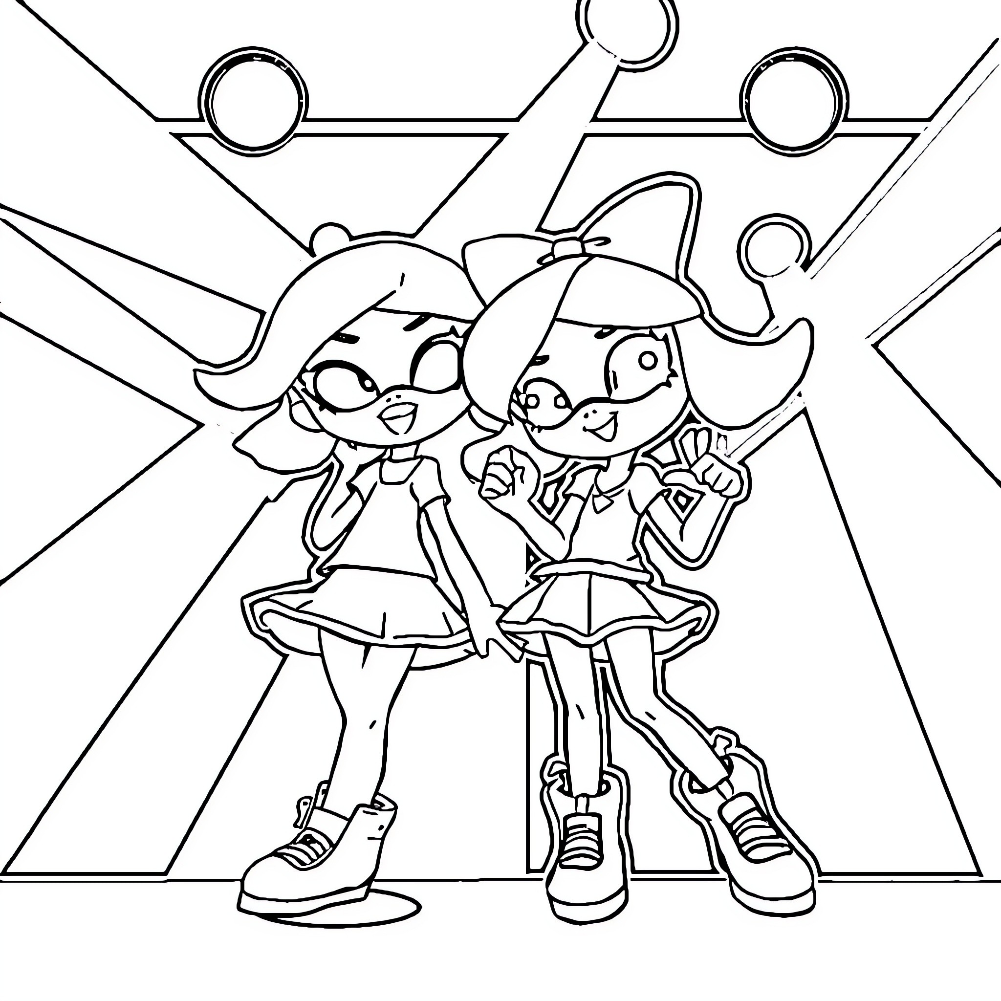 Squid Sisters performing on stage Coloring Page (free black-and-white line drawing printable PDF for all, from beginners to advanced learners, including children, teens, adults, and seniors)