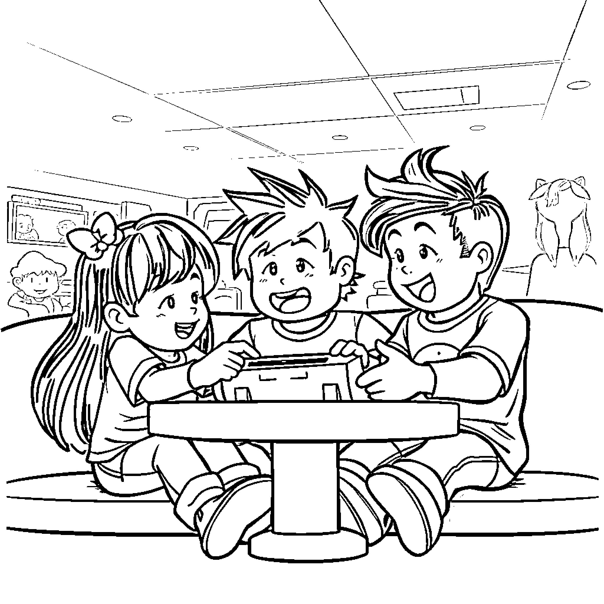 Child Friends Enjoying Game Time Together Coloring Page (free black-and-white line drawing printable PDF for all, from beginners to advanced learners, including children, teens, adults, and seniors)