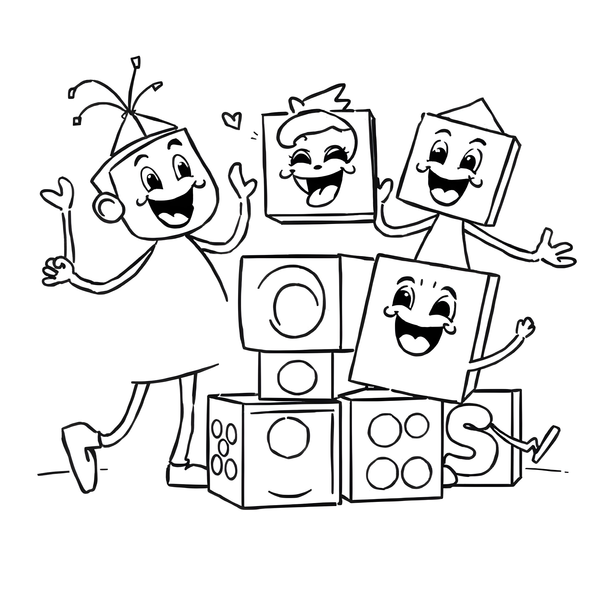 Character having fun with geometric shapes Coloring Page (free black-and-white line drawing printable PDF for all, from beginners to advanced learners, including children, teens, adults, and seniors)