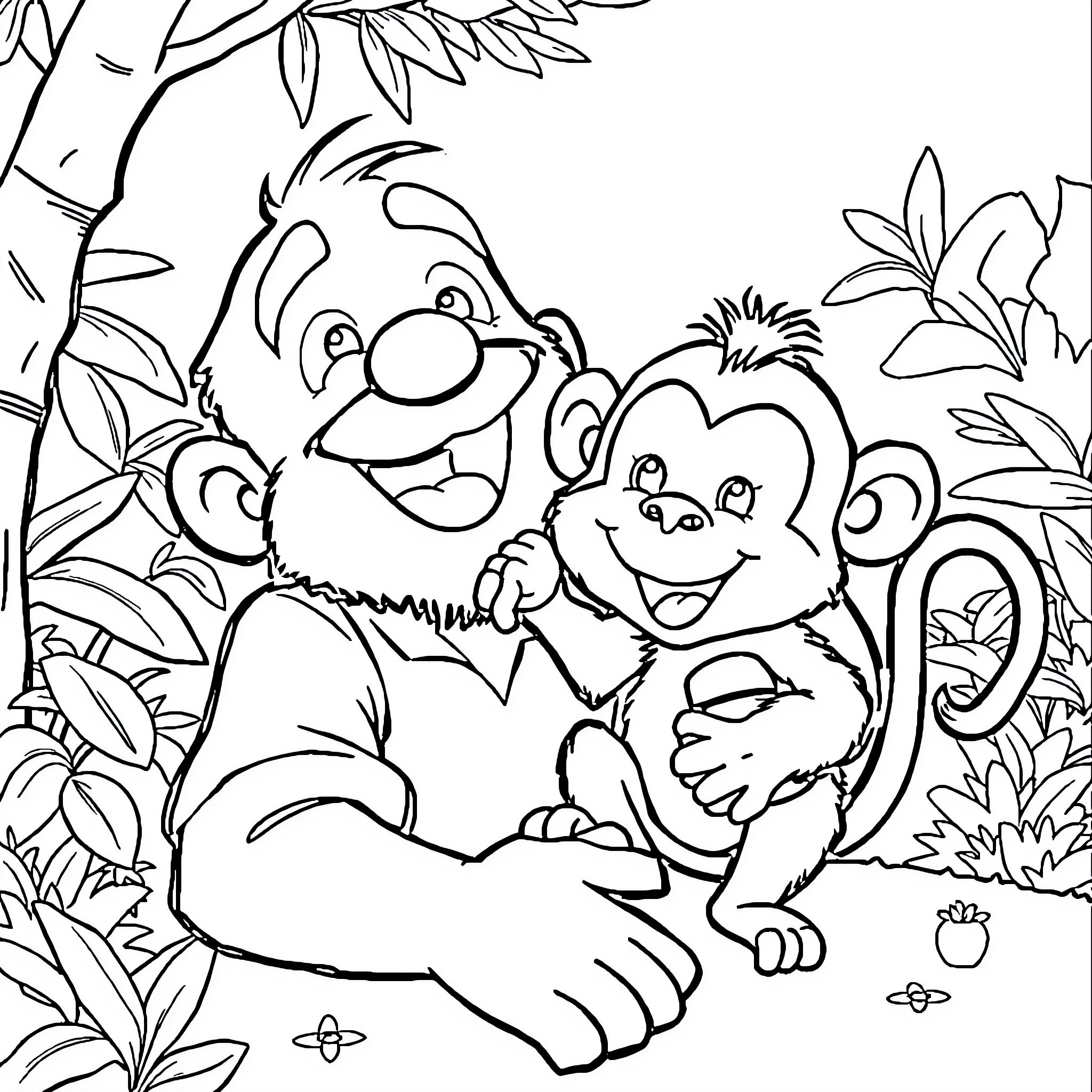 Dad and son explore the jungle together Coloring Page (free black-and-white line drawing printable PDF for all, from beginners to advanced learners, including children, teens, adults, and seniors)